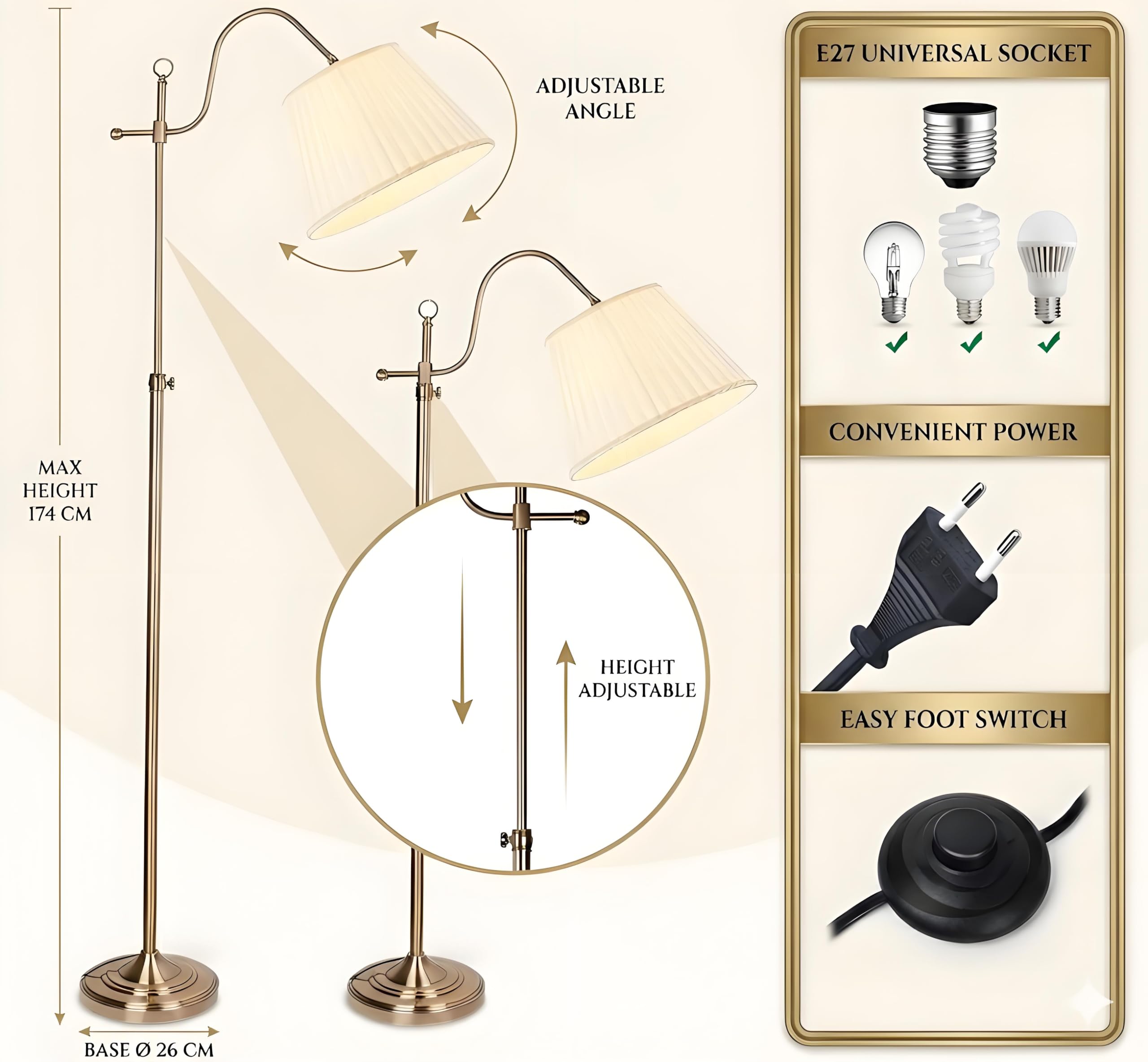 ACMHNC Stehlampe Wohnzimmer Vintage, Dimmbar, Timer, Bronze | Retro Stehleuchte mit Fernbedienung, Stoffschirm, E27 Fassung, 3000K-6000K, Hoehenverstellbar 134-174 cm für Sofaecke, Sessel