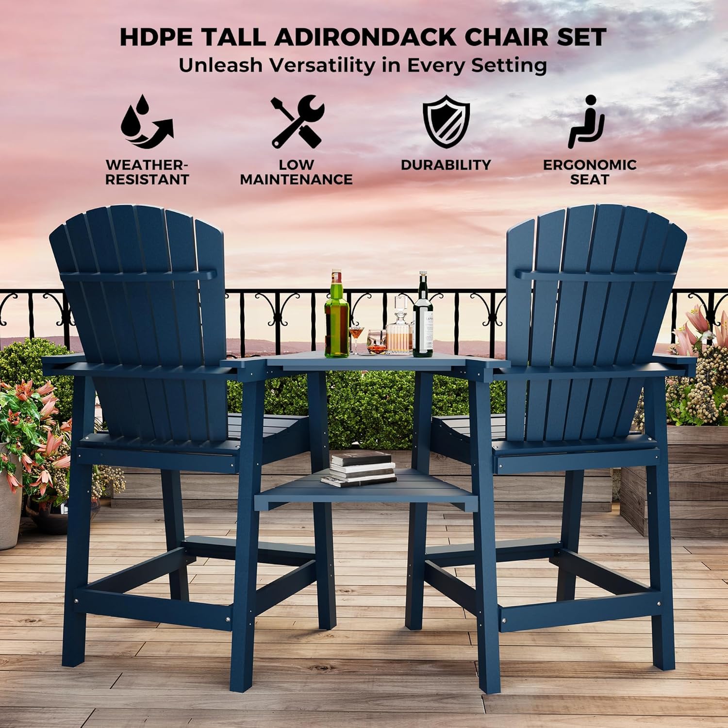 Outdoor Recycled Poly Adirondack Barstools with Connecting Tray, Tall Adirondack Chairs Bar Chairs for Deck, Balcony, Backyard, Patio Bar Stool Chair with High Back Weather Resistant Set of 2