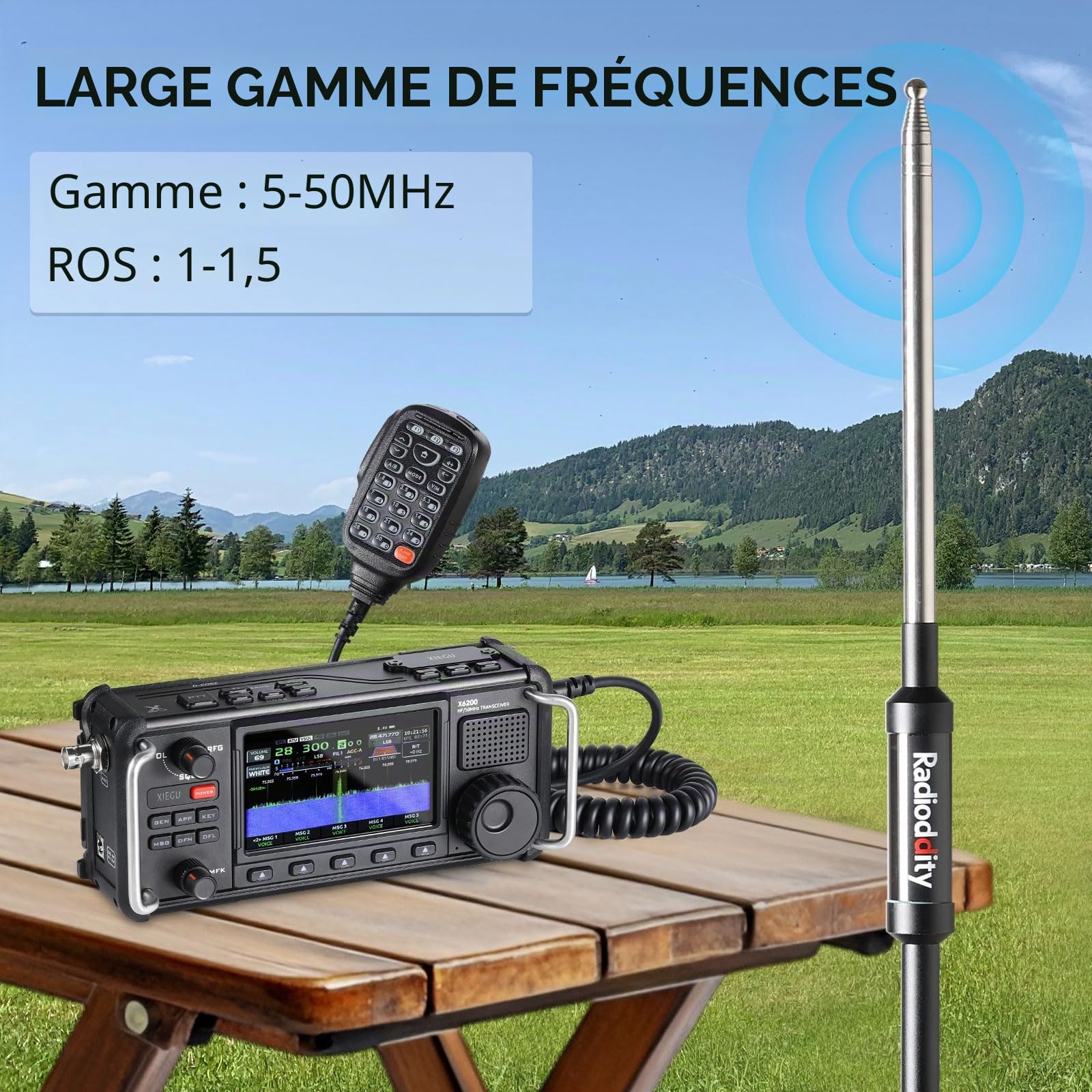 Radioddity HF-009 Antenne HF Portable, antenne Verticale 5-50 MHz, SWR 1.0-1.5, Compatible avec Xiegu G90/X6100/X6200, Radioddity QT40/QT60/QT80, pour émetteurs-récepteurs HF et radios Mobiles