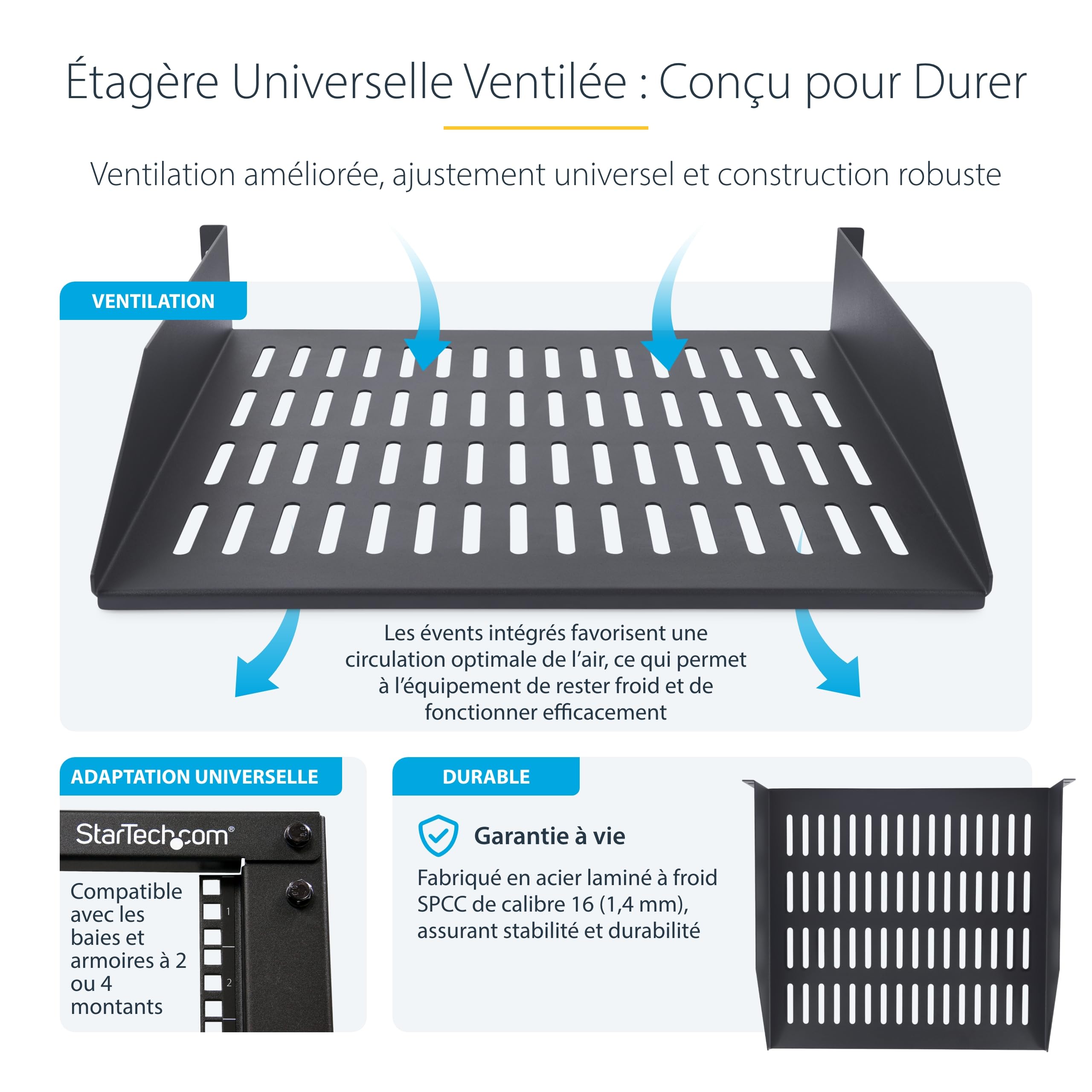 StarTech Étagère Ventilée Rack 2U, 41,5cm, 20kg (CABSHELFV2U-16-RACK) | Plateau, Montage en rack, Armoire, Acier SPCC, Écrous et vis