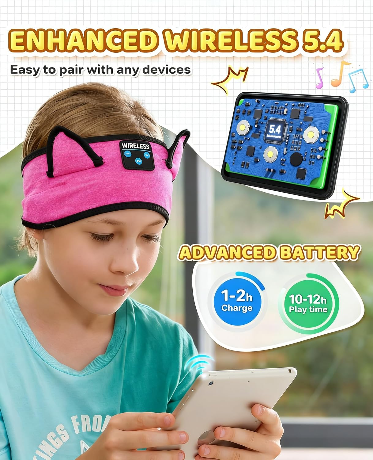 KIDSBAND Kids Headband Headphones, Baby Headphones, Wireless and Wired Playback 3.5 MM Jack for School, Foldable Adjustable Children Headset for Girls Boys,Kindle Tablet Cellphones Airplane Travel