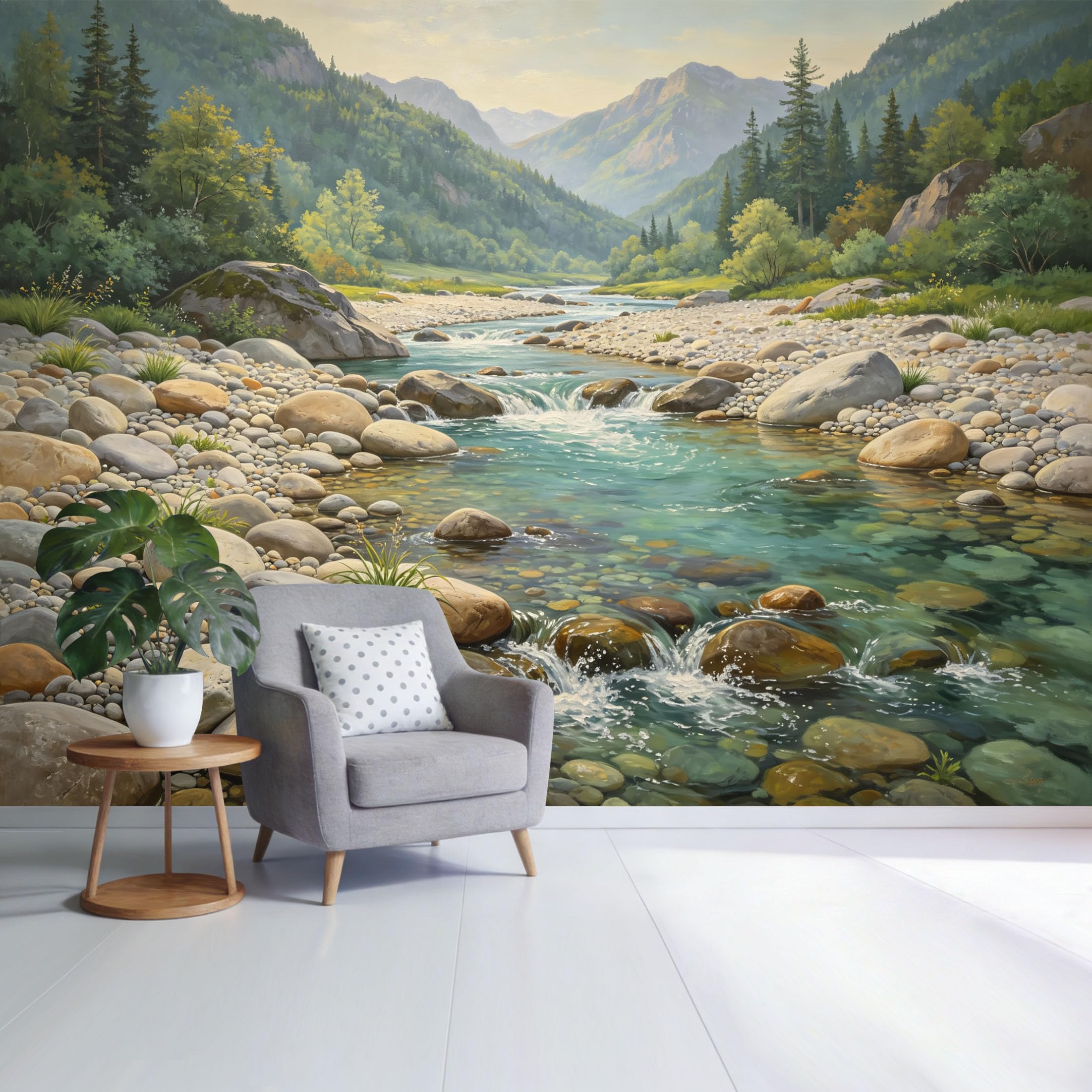 Custom Size Wall Mural Mountain River Landscape Forest Stream Rocks and Green Valley View SelfAdhesive Wall Fabric Removable Wallpaper for Home Office Decor