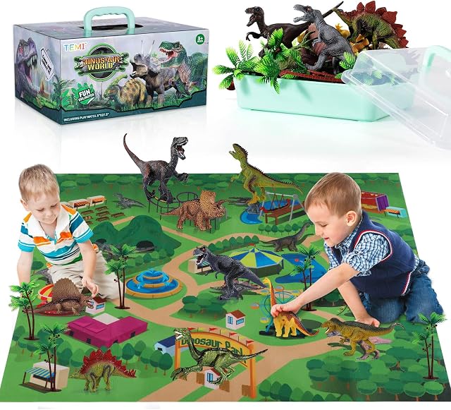 TEMI Dinosaur Toys for Kids with Activity Play Mat & Trees, Realistic Jurassic Dinosaur Figures to Create a Dino World Including T-Rex, Triceratops, Velociraptor, Great Gift for Boys & Girls