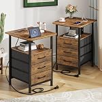 GYIIYUO Night Stand Set 2 with 19'' Large Tabletop, 3 Fabric Drawer and Fast Charging Station, Bedside Table with Spacious Storage, Side End Tables with USB Ports and Outlets, Bedroom, Rustic Brown