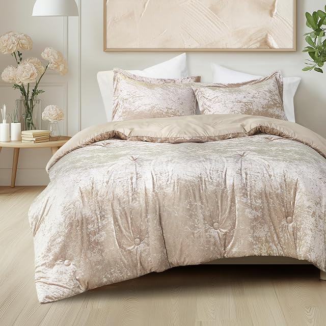 Comfort Spaces Comfort Spaces Reversible Velvet Champagne King Comforter Set, 3pc | Brushed Microfiber Reverse, Lush with Soft, All Season Bedding Sets, Machine Washable, Lightweight, Breathable, Champagne Comforter, King