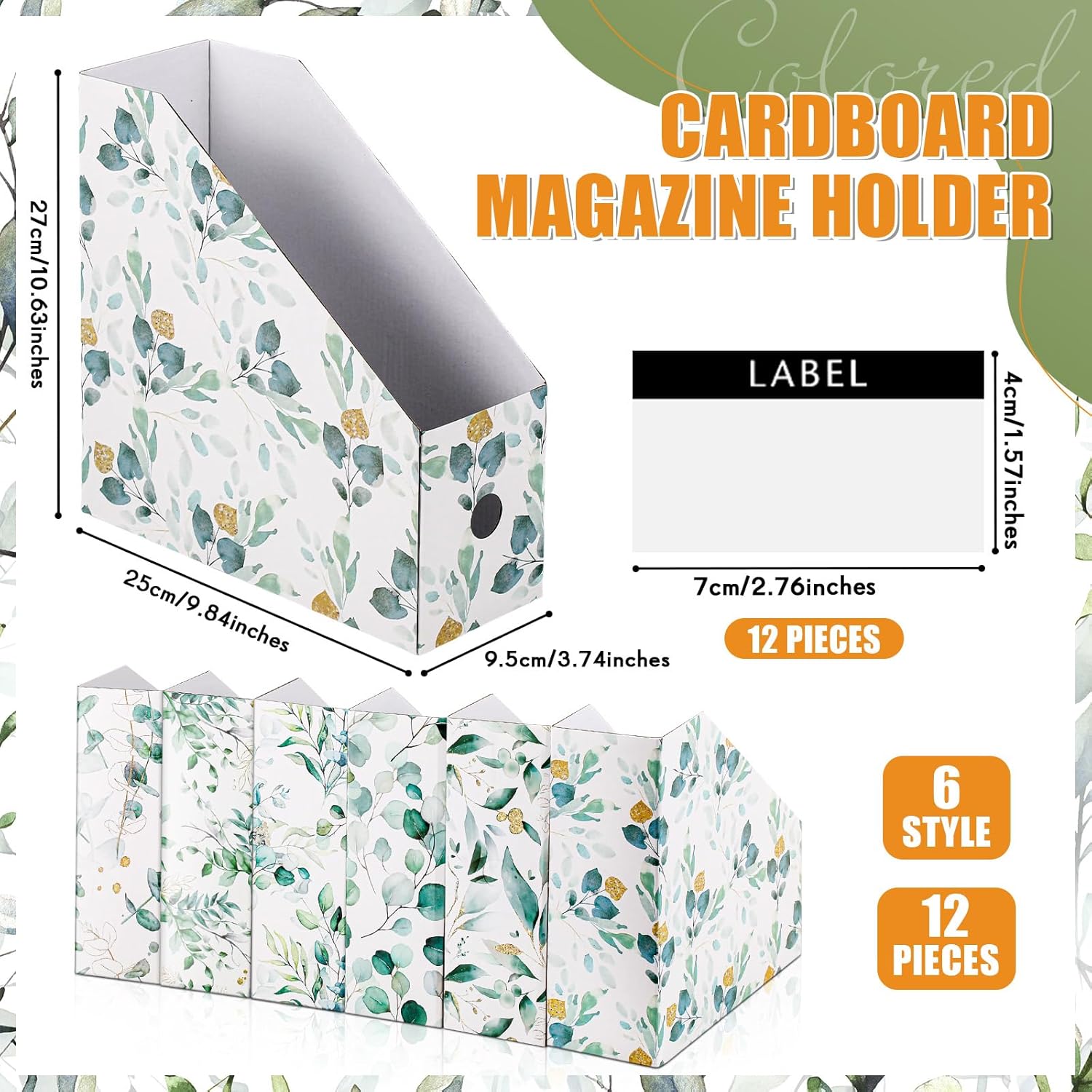 PerKoop 12 Pcs Decorative Magazine File Holders Floral Foldable File Folders Magazine Storage Boxes Rack Desk Organizer Documents with Printable Labels for School Office Home (Eucalyptus Leaves)