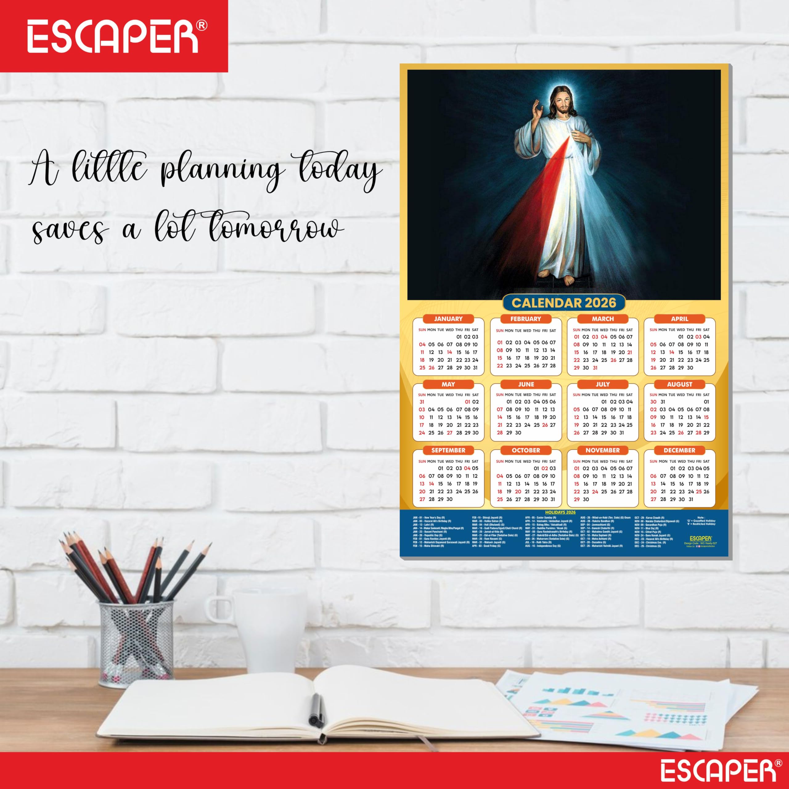 ESCAPER Calendario de pared de Jesús 2026, calendario cristiano laminado de 12 x 18 pulgadas, día festivo indio, decoración religiosa de Isa Masih para el hogar y la oficina