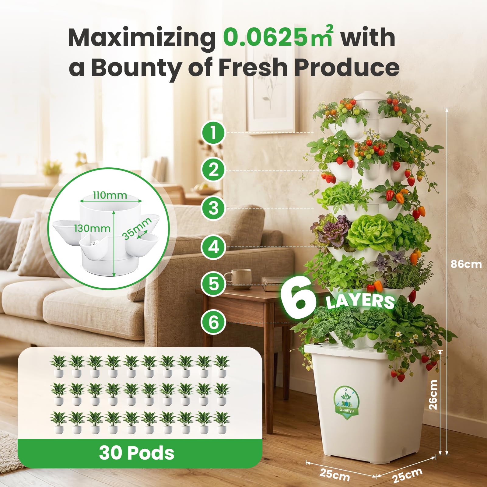 Huanyu Sistema de Cultivo Hidropónico 6 Capas 30 Vainas Torre Hidropónica Vertical con Temporizador Torre Hidropónica de Jardín con Tanque de Agua de 10L Apto para Uso Interior y Exterior