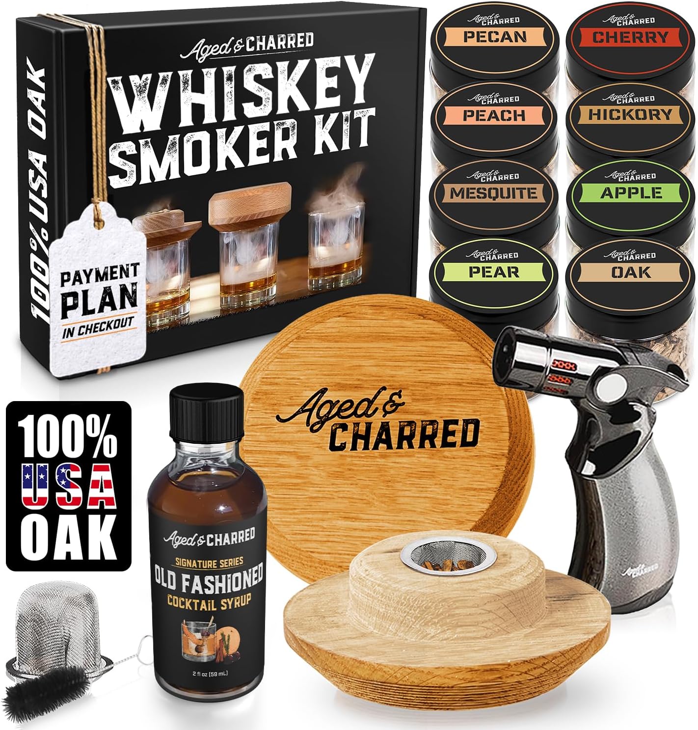 Aged & Charred Cocktail Smoker Kit with Torch, Wood Chips for Whiskey, Bourbon More - Drink Smoker Made of 100% Oak - Old Fashioned Smoker Kit - Whiskey Gifts for Men, Husband, Boyfriend, Dad, Son
