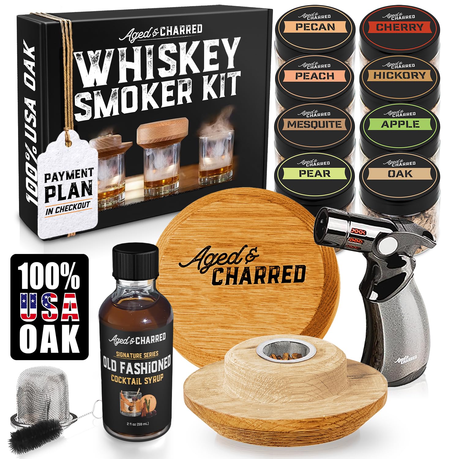 - Whiskey Smoker Kit with Torch and Old Fashioned Syrup - 8 Flavors Wood Chips - Bourbon Gifts for Men, Cocktail Smoker kit - USA Oak Smoke Lid (No Butane)