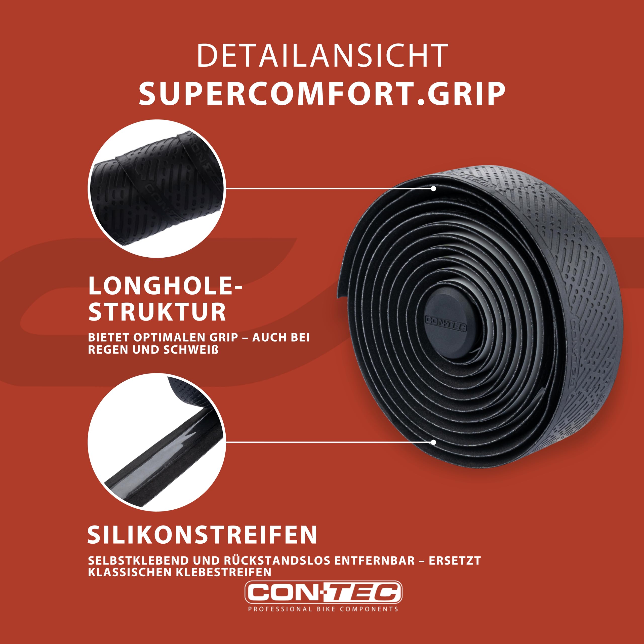 CONTEC Lenkerband SuperComfort.Grip, 2000x30x3 mm, aus Polyurethan, selbstklebend und rutschsicher, mit Silikonstreifen und 2 Lenkerstopfen, Paar, schwarz