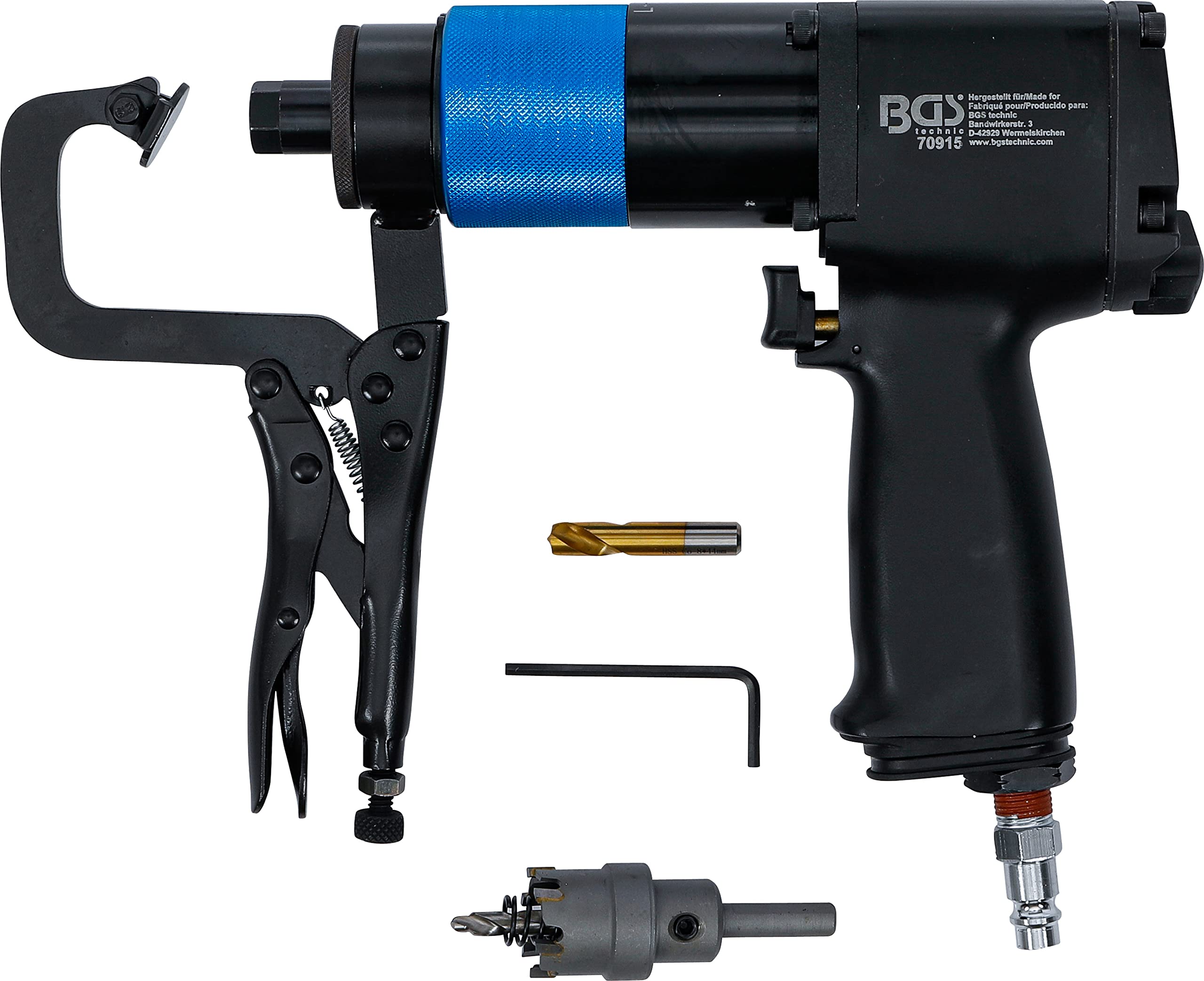 BGS 70915 | Juego quita-puntos de soldadura neumático | Mandril de 8 mm | 6 velocidades | Abrazadera de sujeción extraíble | para brocas HSS y TCT | máx. 6,2 bar