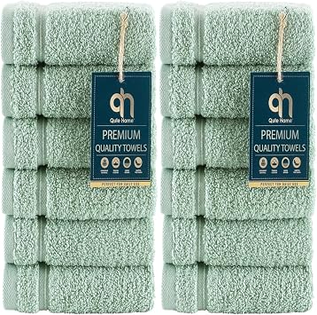 12-Piece Washcloths Towels Set, 100% Turkish Cotton Premium Quality Towels for Bathroom, Quick Dry Soft and Absorbent Turkish Towel, Set Includes 12 Wash Cloths Green