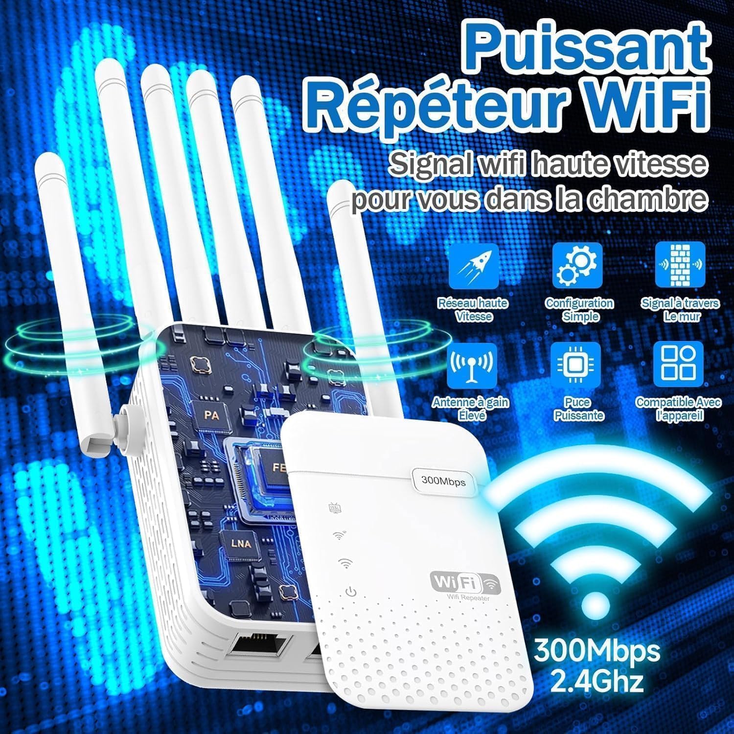 Repeteur WiFi Puissant,6 antennes,Amplificateur WiFi 1200Mbps Double Bande 5GHz/2.4GHz,repetiteur WiFi Puissant sans Fil, 2 Ports LAN, Adapté aux Maisons et aux Bureaux
