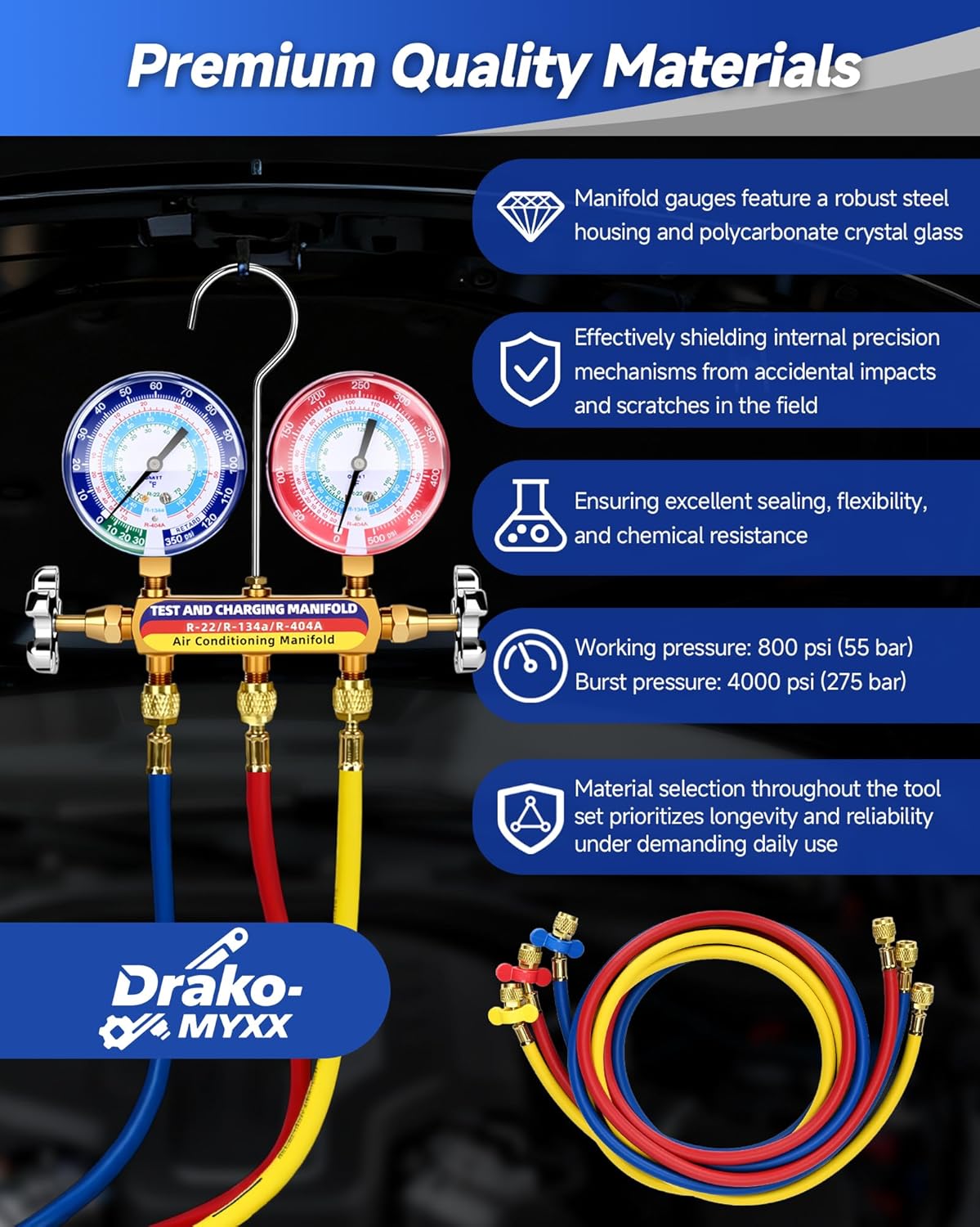 Upgraded New 42006 Test and Charge Manifold Set, with 3-1/8" (80 mm) Gauge, with 72" HVAC Hoses and Quick Coupler Adapters, 1/4" Standard Flared Fittings, Suitable for R-22/134A/404A, Toolbox