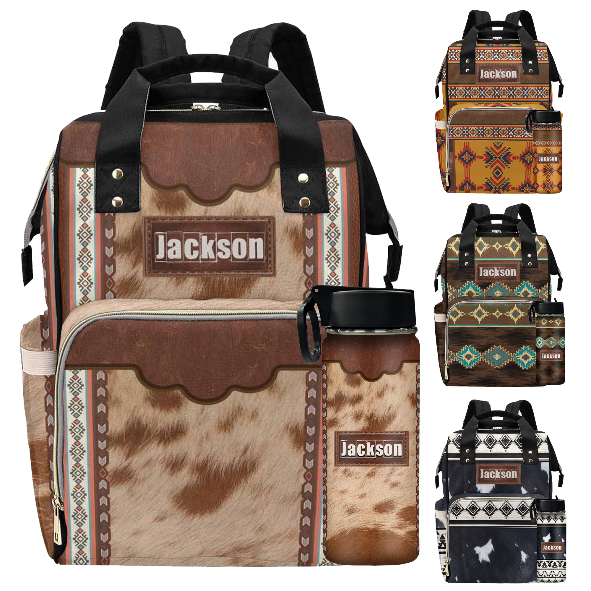 InterestPrint Personalized Large Capacity Diaper Bags Western Cowhide Print with Bottle Custom Name Backpack Casual Daypack Bag Nappy Bag Gifts