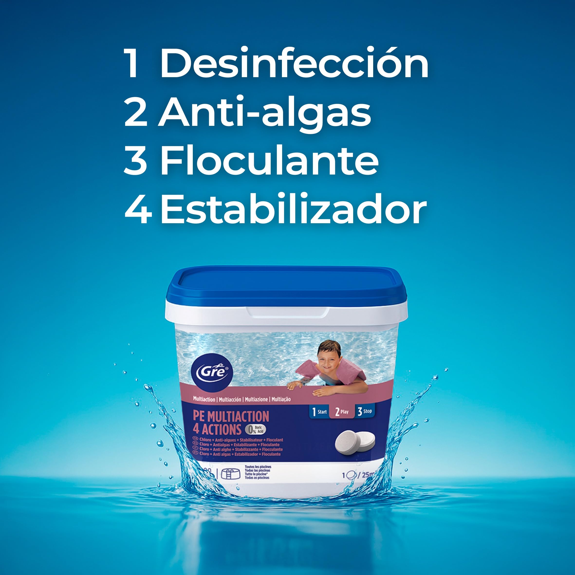 GRE 76006NB -Tabletas de Cloro Multifunción 4 Acciones: Desinfección, Antialgas, Floculante y Estabilizador. Tratamiento y Limpieza Integral de Piscinas. Tabletas 250 gr, 5 kg
