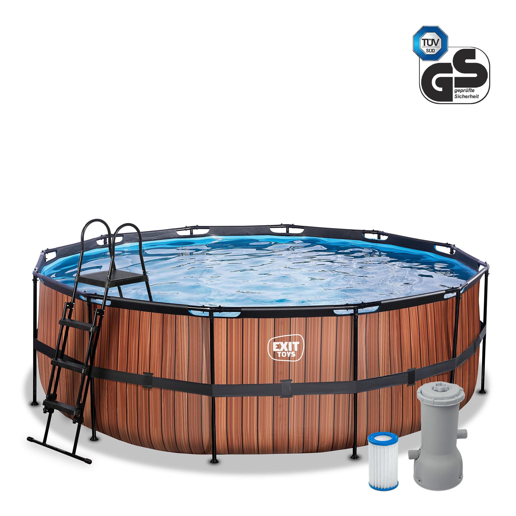 EXIT Toys Wood Pool - ø427x122cm - Piscina de Marco Redondo Grande con Bomba de Filtro de Cartucho - Piscina Extra Profunda - Marco Robusto - Incluye Escalera de Piscina - Diseño Único - Marrón