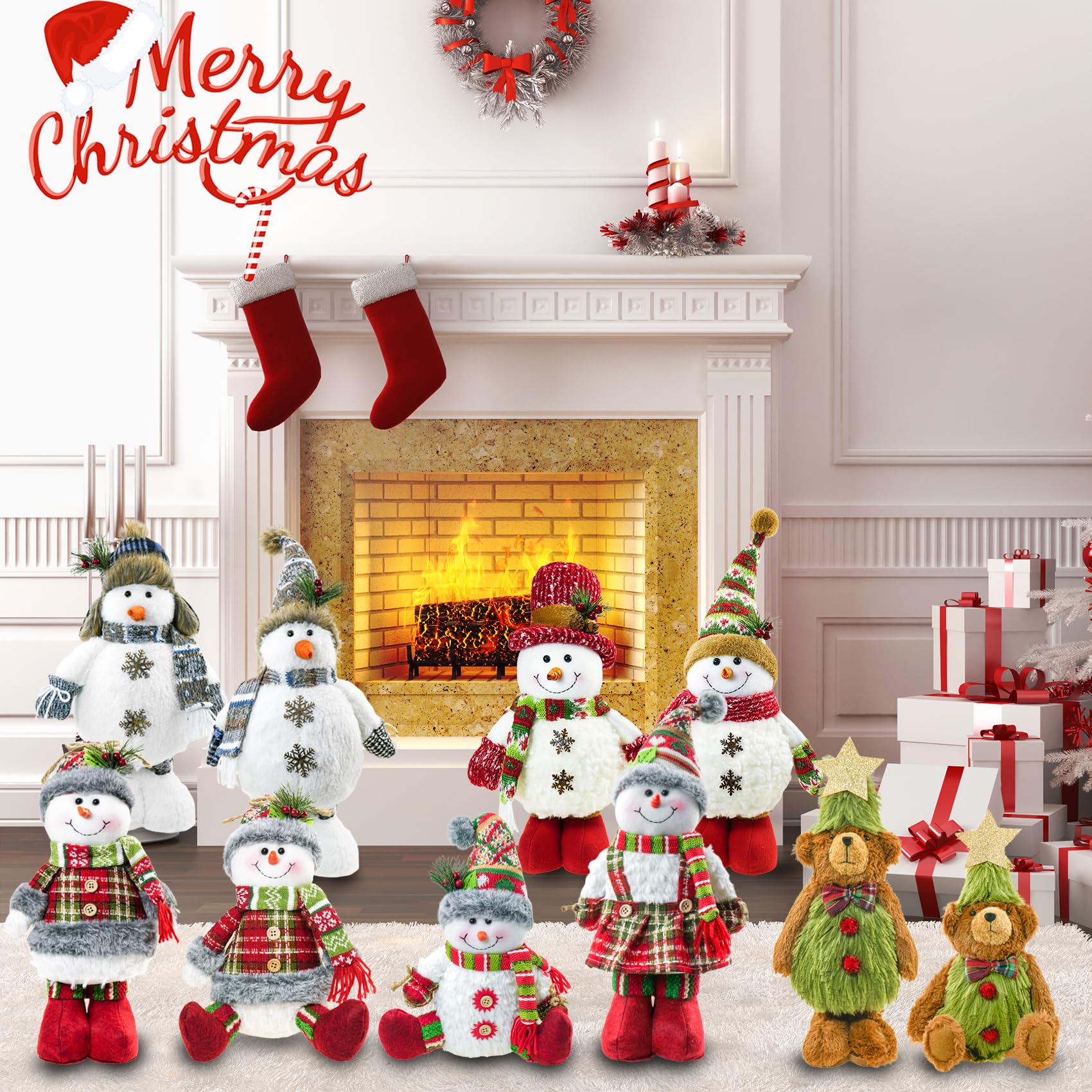 Juego de 2, muñeco de nieve de Navidad de pie de 18 pulgadas de alto, muñeco de nieve de peluche suave con bufanda de punto rojo y sombrero, decoración de Navidad, decoración de mesa para