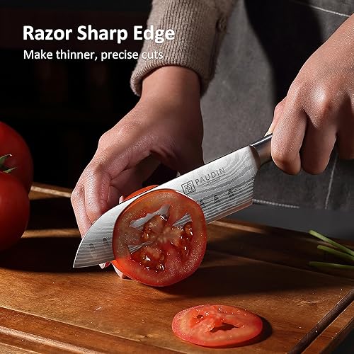 Miniatura 5 de PAUDIN Santoku - Cuchillo de chef de 5 pulgadas, cuchillo de cocina ultra afilado, cuchillo de chef japonés con funda, acero inoxidable de alto