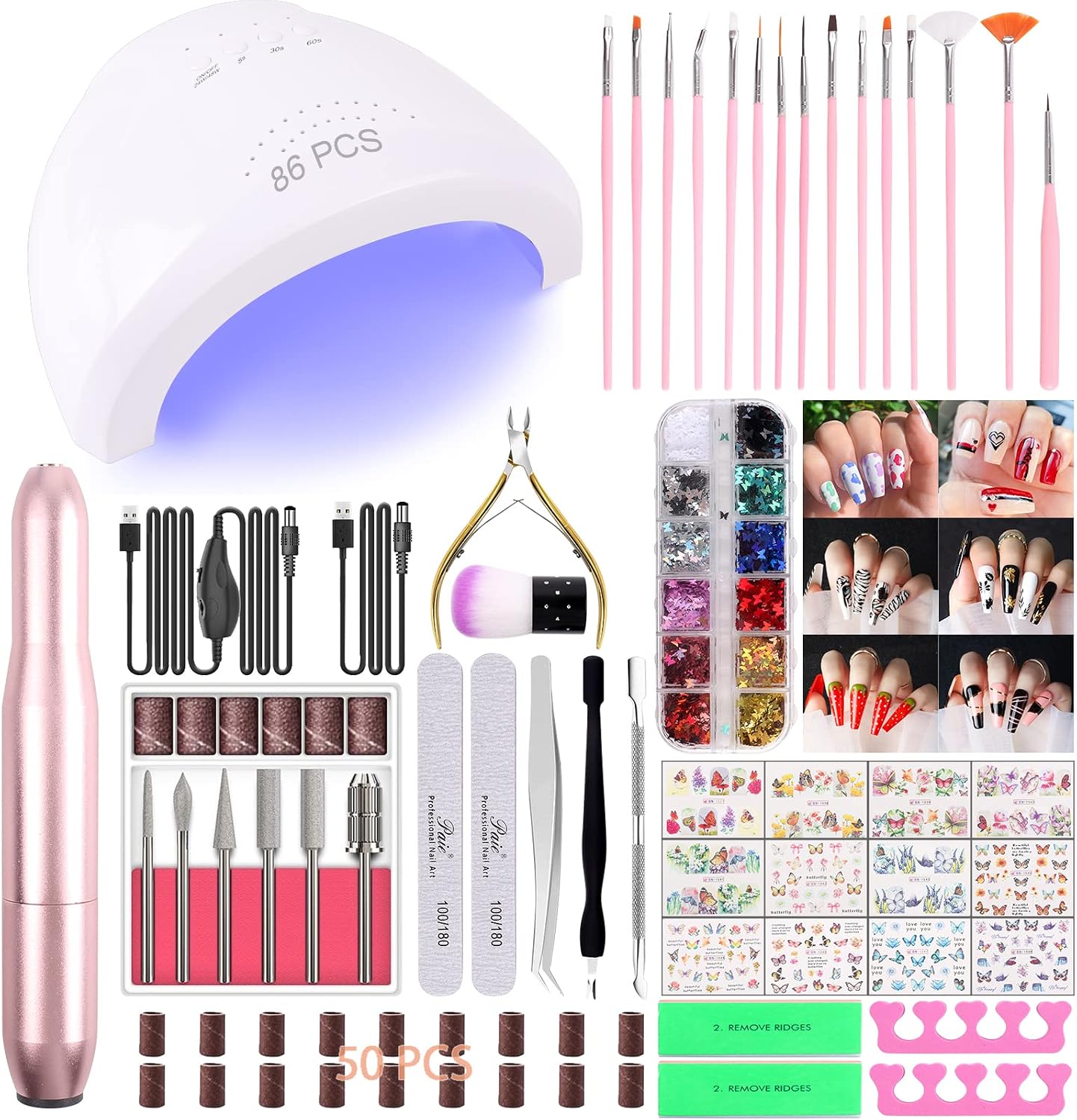 Professional 86-Piece Acrylic and Gel Nail Art Kit with UV Lamp and E-File