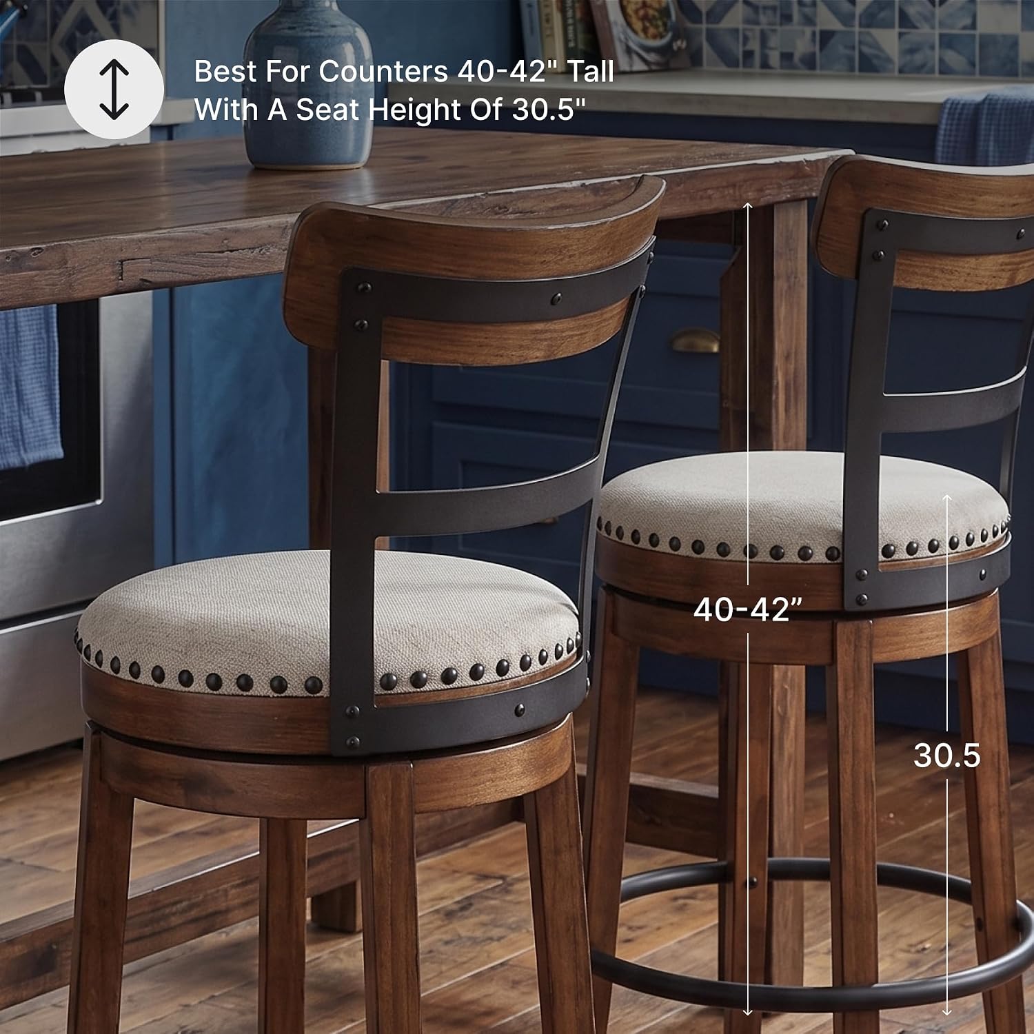  Valebeck Swivel Bar Stool with Back, 30 in | Wood & engineered wood, 360-degree swivel, Linen colored polyester, Rustic farmhouse style, 250 lb capacity thumbnail