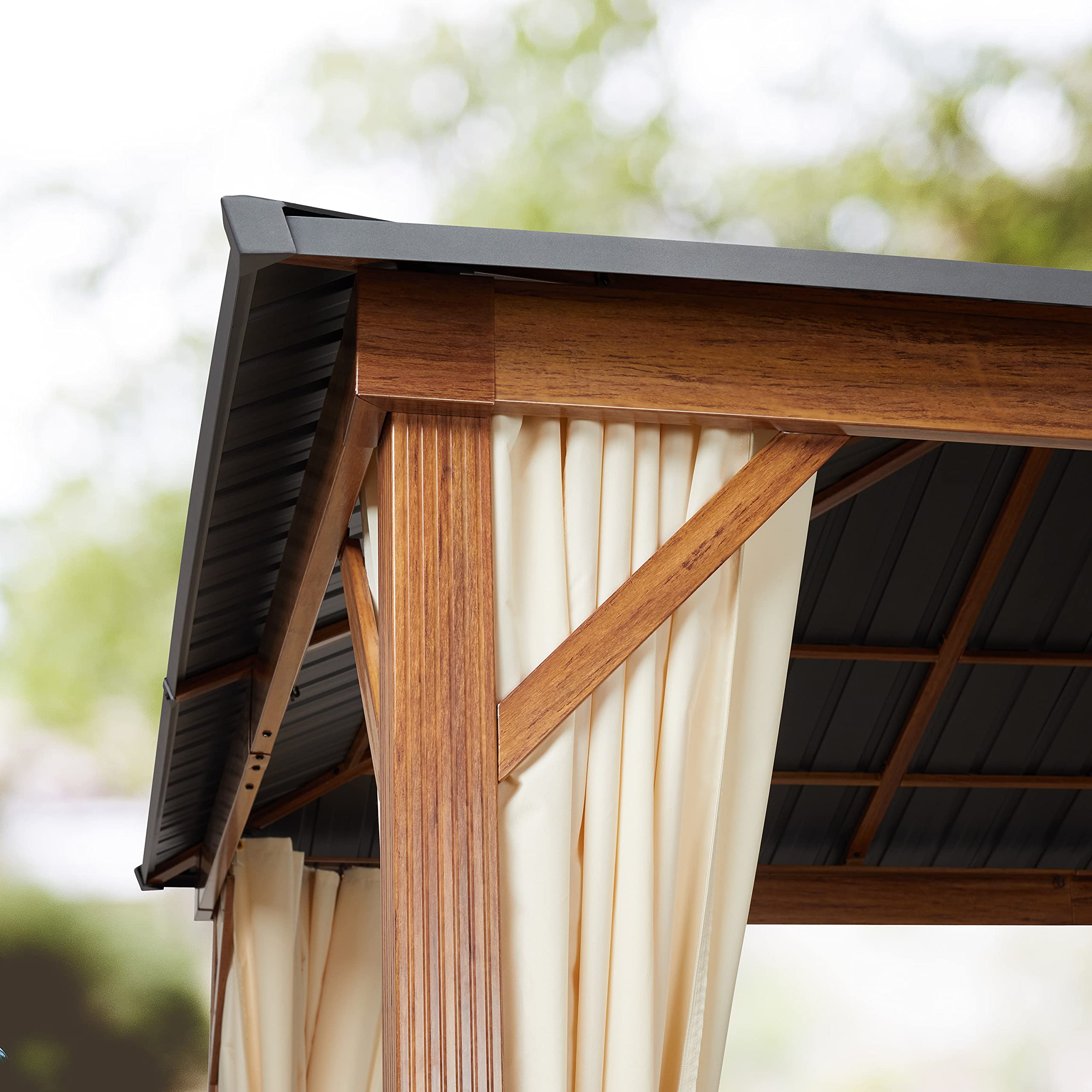 TOOLPORT Gazebo da Giardino 3x4 m Look Legno, Tetto Hardtop in Acciaio, 4 Teli Laterali Color Crema