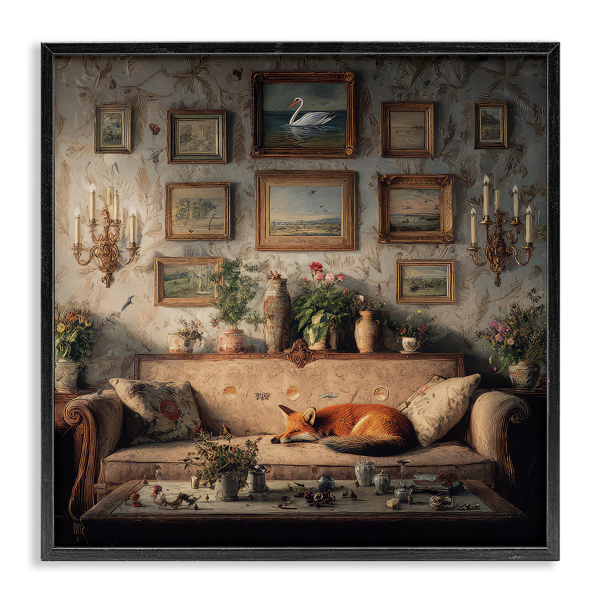 Stupell Industries Midnight Black (Textured) 'Vintage Parlor With Fox'| Framed Giclee Art
