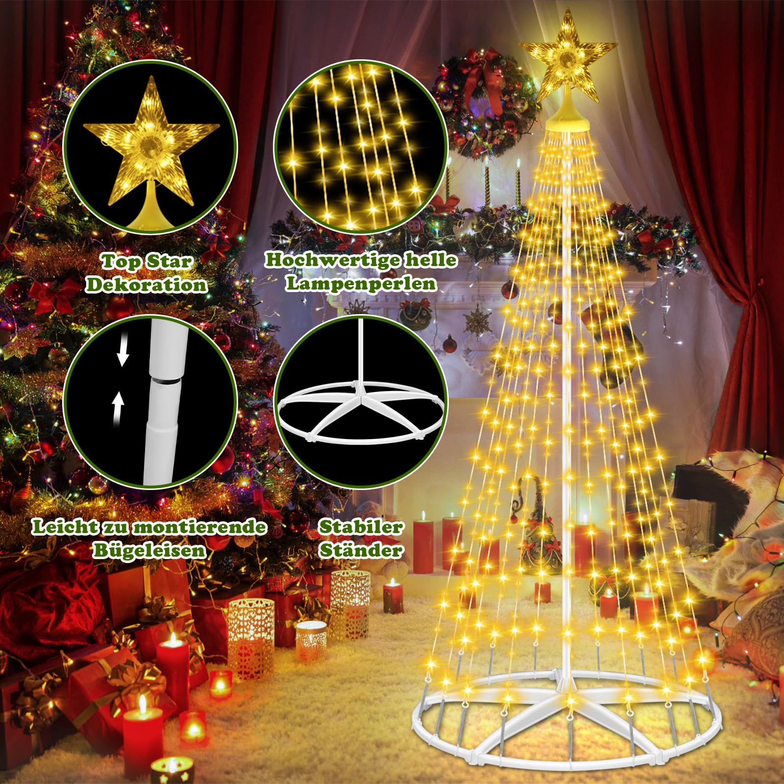 HELESIN Weihnachtsbaum Metall Groß Kegelform 250 LED Lichterbaum Timer Wasserdicht Weihnachtsbeleuchtung Außen, Lichterkette Weihnachten Beleuchtung für Garten Balkon Weihnachtsdeko Aussen Warmweiß