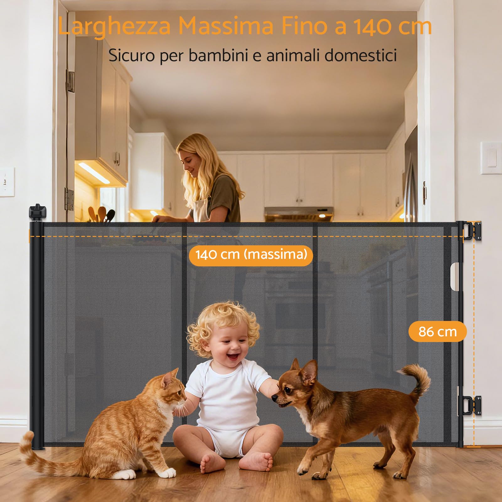 Cancelletto di Sicurezza Estensibile per Bambini e Animali Domestici 0-140cm, Barriera Retrattile con Rinforzo in Fibra di Vetro e Blocco a Pomello, per Scale, Interno ed Esterno, Nero