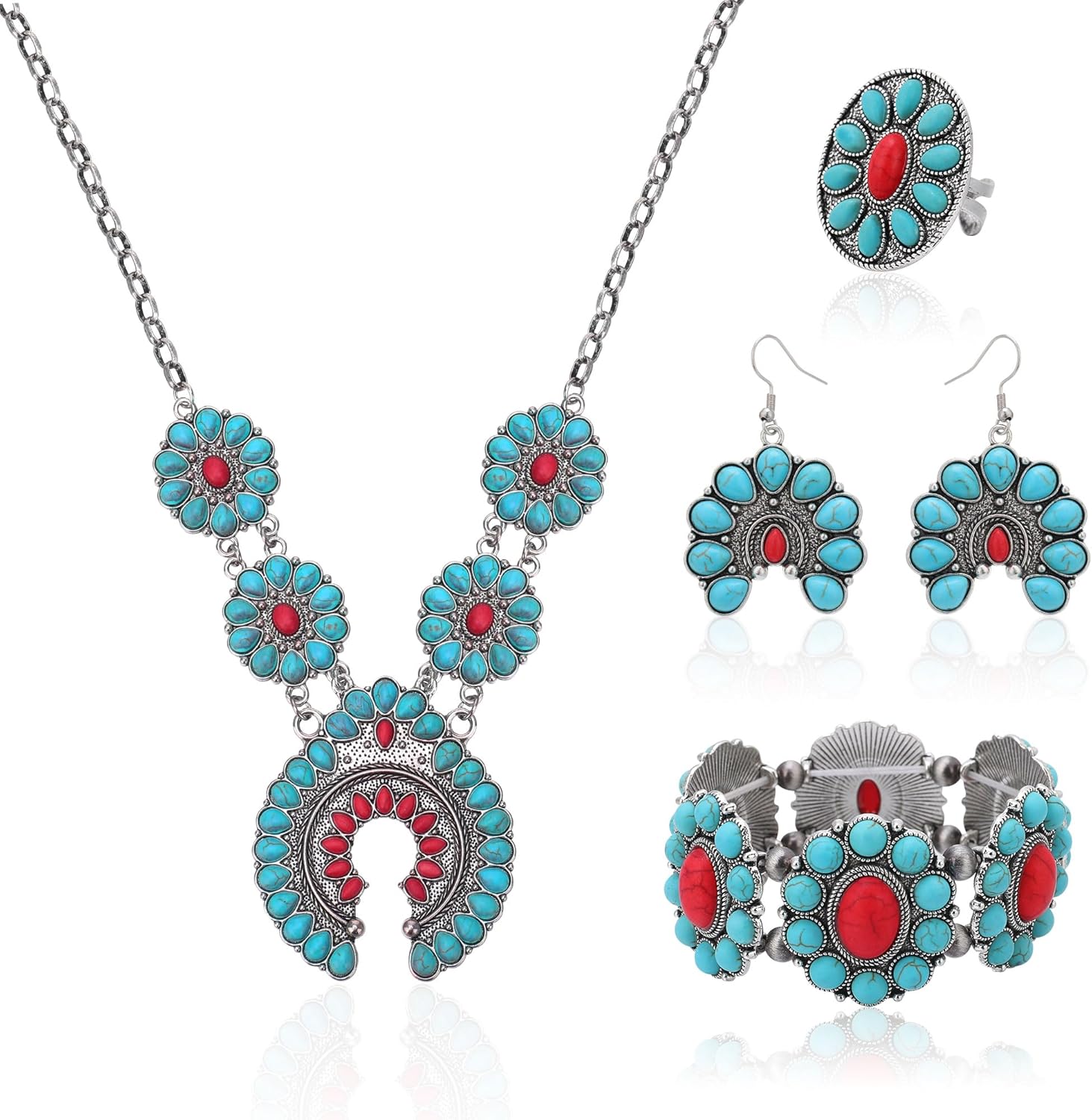 4 PCS Western Turquoise Jewelry for Women Boho Vintage Navajo Pearl Necklace Earring Bracelet Ring Set Country Cowgirl Accessories for Gift