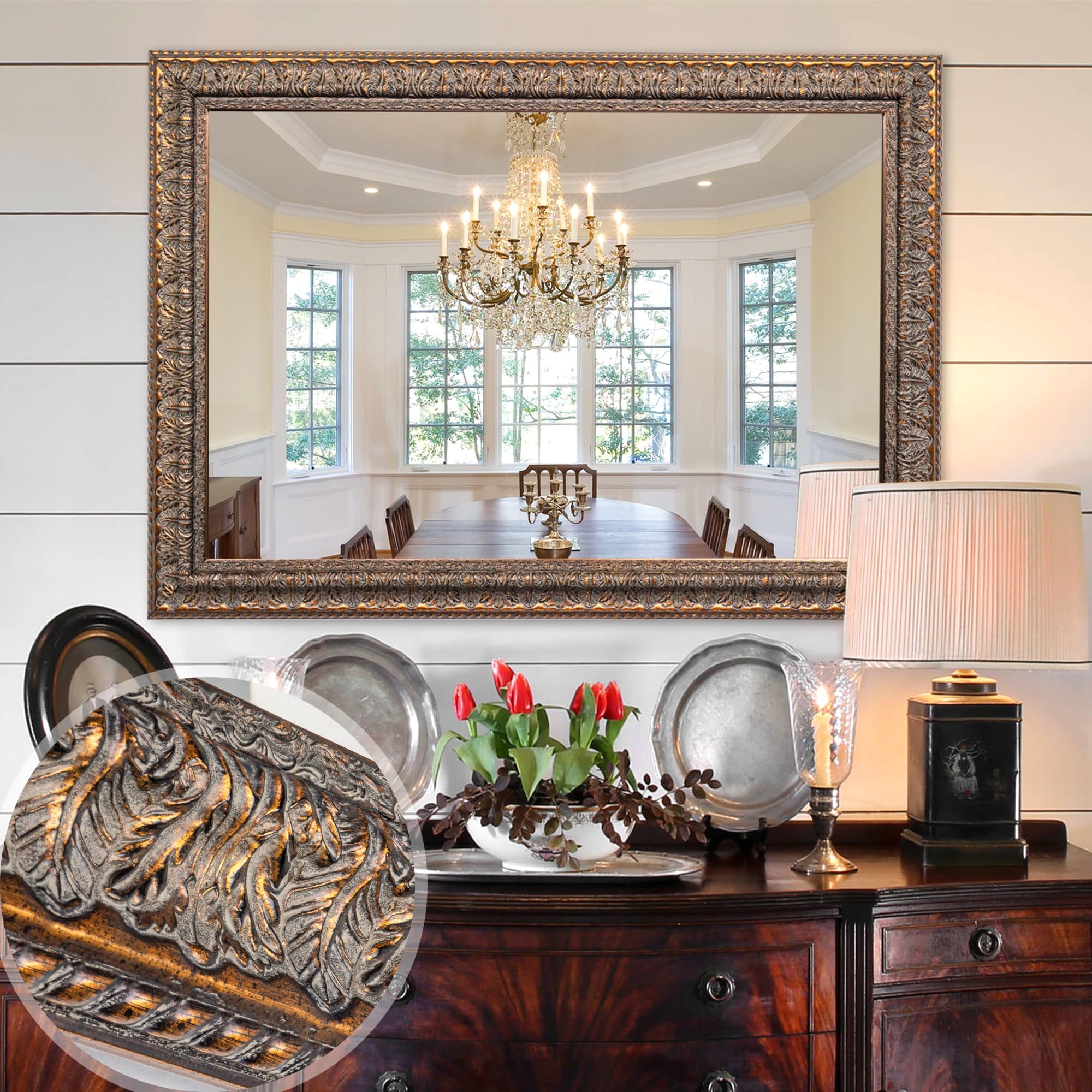 Chende 41" L x 29" W Rectangular Wall Mirror for Living Room Decor, Large Decorative Mirror with Bronze Carved Wood Frame, Dining Room, Bedroom, Hallway, Salon