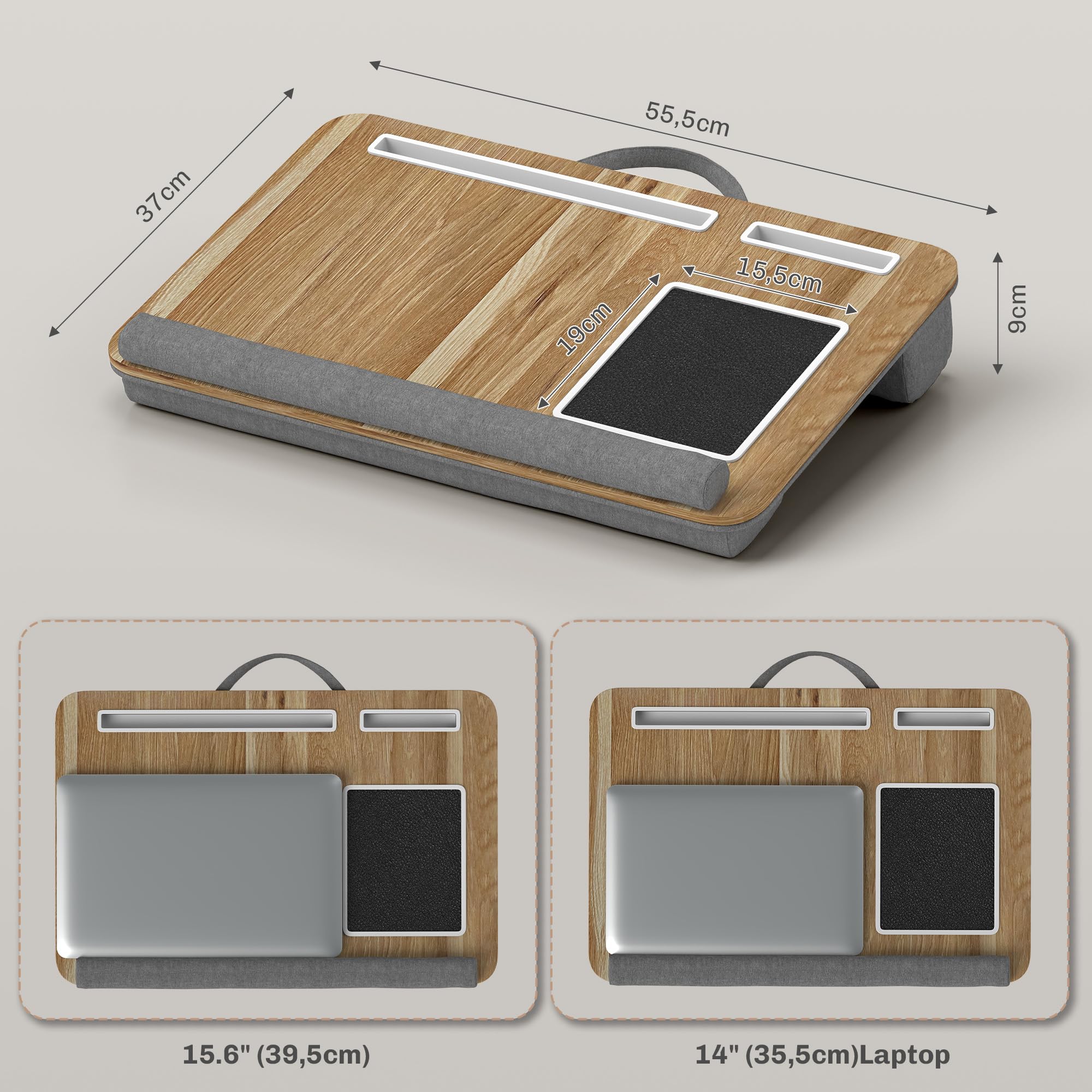 HOMCOM Support Ordinateur Portable lit Plateau pour Ordinateur Portable Table de lit avec traversin, Fente pour Tablette ou téléphone, Tapis de Souris, Repose-Poignet et poignée, 55,5 x 37 x 9 cm