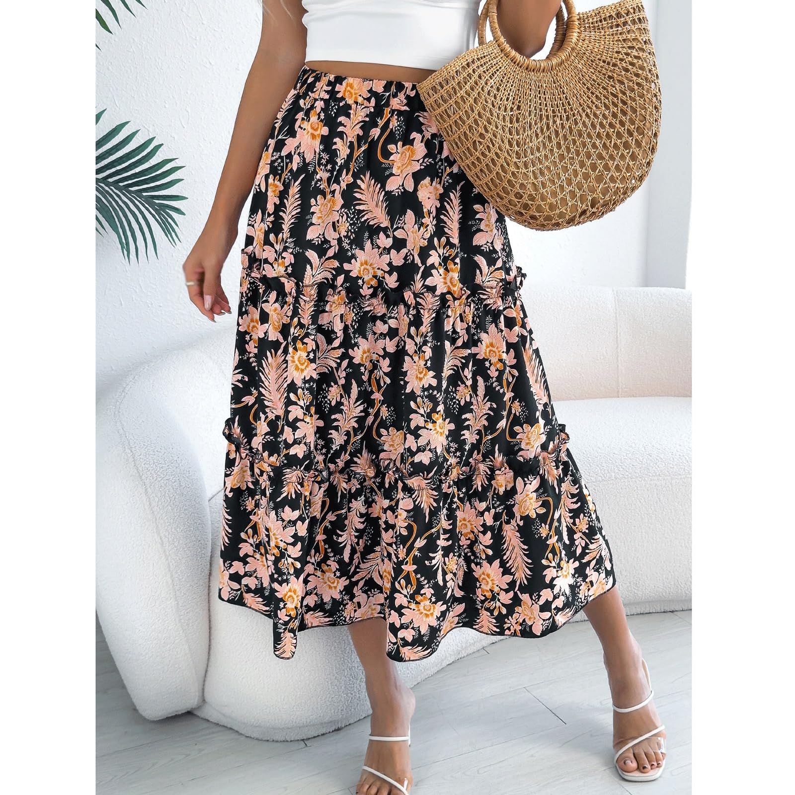 DUddTTW Floral Women's Midi Skirt Ruffle Midi Length Flowy Skirt Beach Ankle Length Skirts Maxi Skirts High Waisted Swing Skirt Loose(Nero,Lagre)