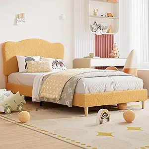 GarveeHome Upholstered Twin Size Bed Frame for Kids with Scallop Headboard, Cute Velvet Twin Bed for Girls, Boys, Sturdy Platform Bed, No Box Spring Needed, Wooden Slats, Noise Free, Yellow