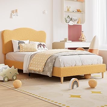 GarveeHome Upholstered Twin Size Bed Frame for Kids with Scallop Headboard, Cute Velvet Twin Bed for Girls, Boys, Sturdy Platform Bed, No Box Spring Needed, Wooden Slats, Noise Free, Yellow