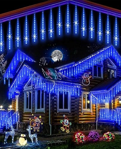 Miniatura 2 de Luces de lluvia de meteoritos azules para exteriores, 51 cm, 20 tubos, 1080 luces LED, impermeables en cascada, para jardín, patio, porche, boda,