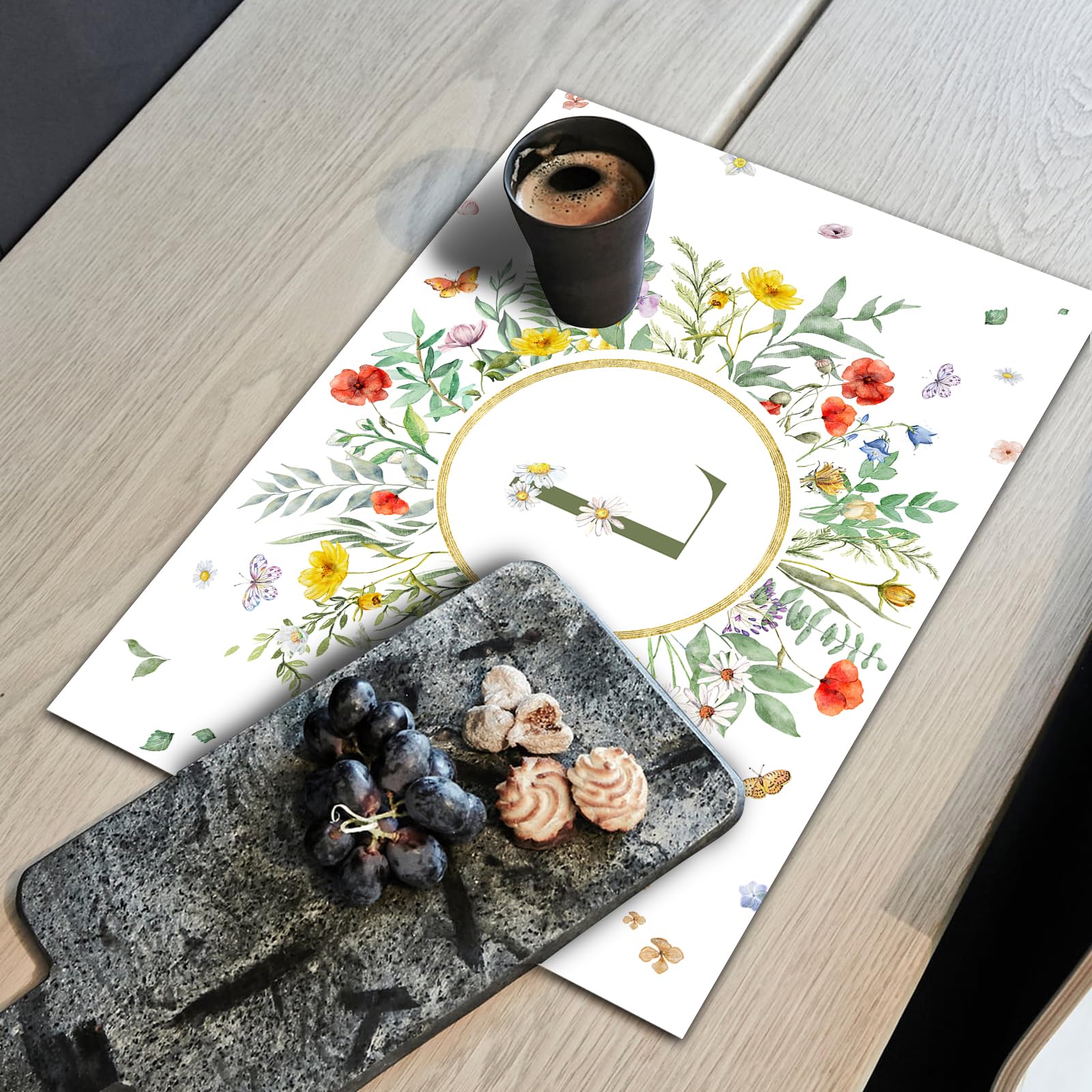 50 Stück Blume Schmetterling Papier Tischsets, Einweg Platzsets mit Initiale S, Platzdeckchen Frühling Sommer Küche Esszimmer Tischdeko Drinnen Urlaub für Hochzeit Geburtstag Taufe Party 40x28cm