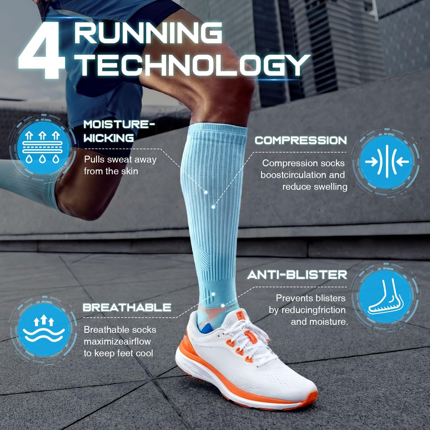 Rahhint Coolmax 20-30 mmHg Compression Running Socks, Long Distance Anti Blister Cushion Moisture Wicking Tall Athletic Socks - Image 4