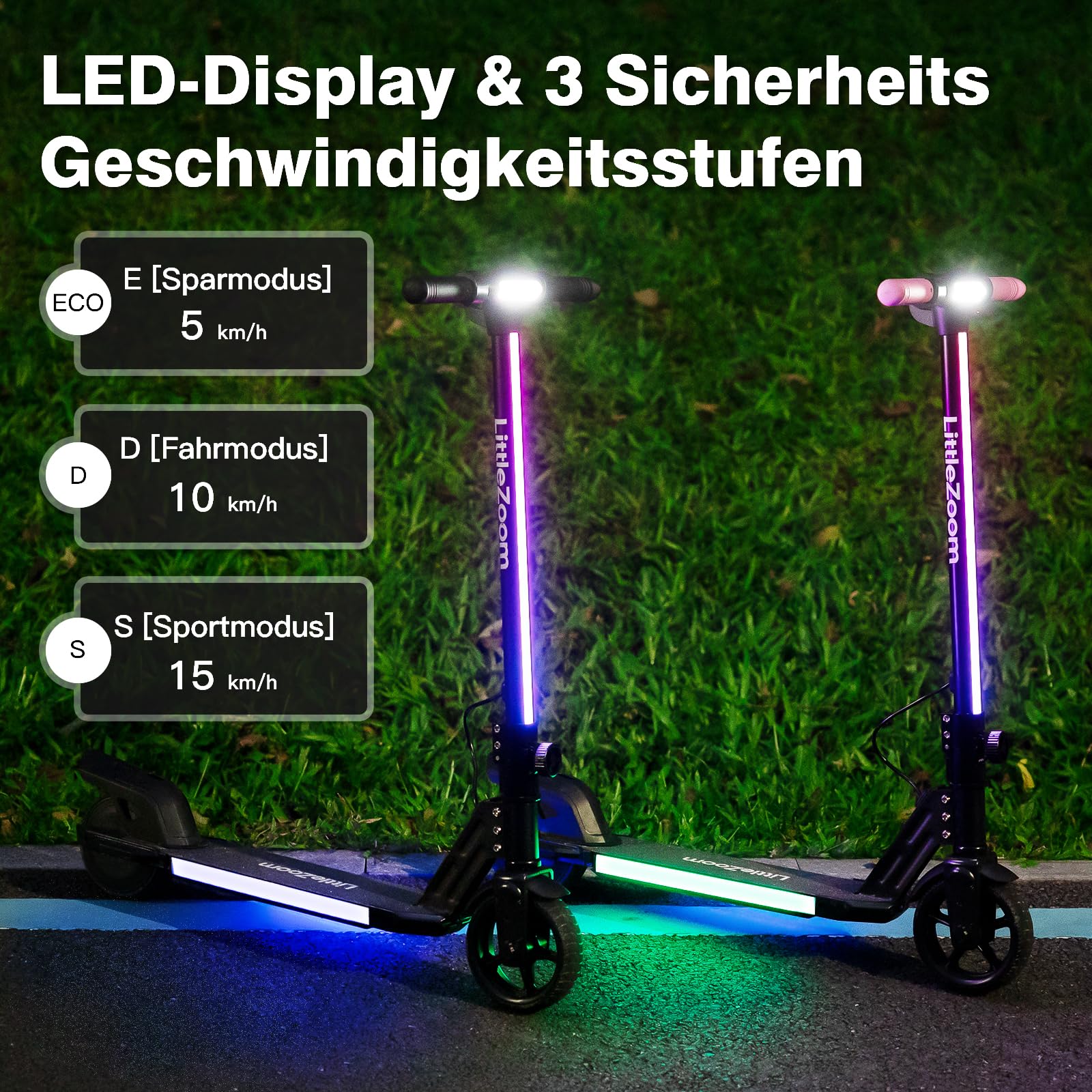 T1 E Scooter Kinder 6-12 Jahren, Bunte Regenbogenlichter, 5/10/15 km/h, 10KM Reichweite, LED-Anzeige, Faltbar, Elektroroller Faltbar für Kinder, Geschenk für Jugendliche