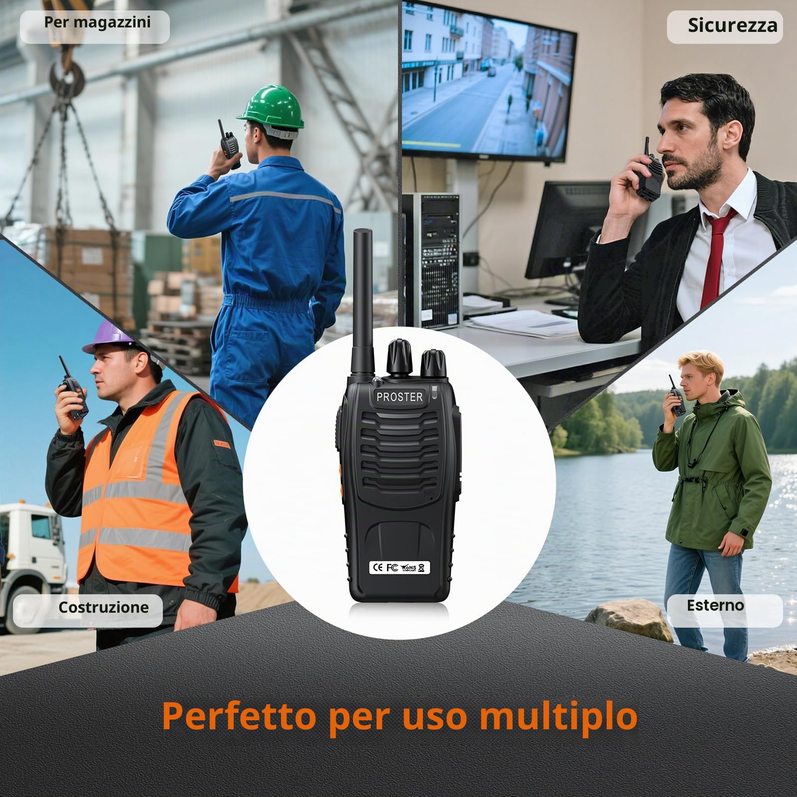 Proster Walkie Talkie Ricaricabili PMR446 Senza Licenza, Set da 3 Ricetrasmittenti Portatili a 16 Canali con VOX Mani Libere, Auricolari e Torcia LED per Lavoro, Softair, Outdoor e Famiglia
