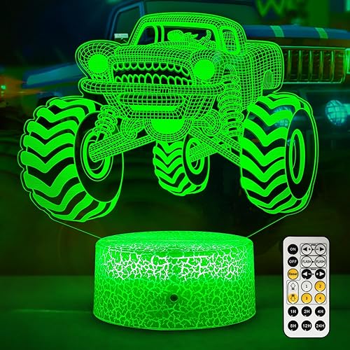Lámpara de noche 3D Monster Truck con luz nocturna para automóvil con temporizador remoto y toque inteligente, 7 colores cambiantes regulables para