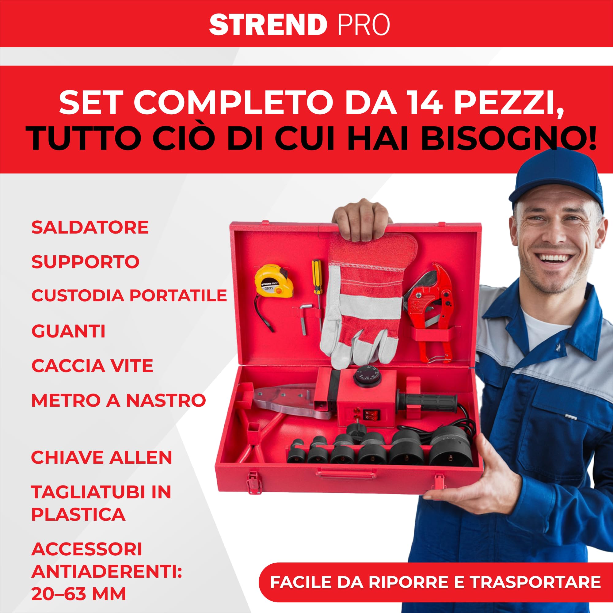STREND PRO Saldatrice a Manicotto | 1500W Polifusione | Per Tubi in Plastica Ø20–63 mm - PPR, PE | Saldatrice Professionale con 14 Accessori | Regolazione 0–300°C