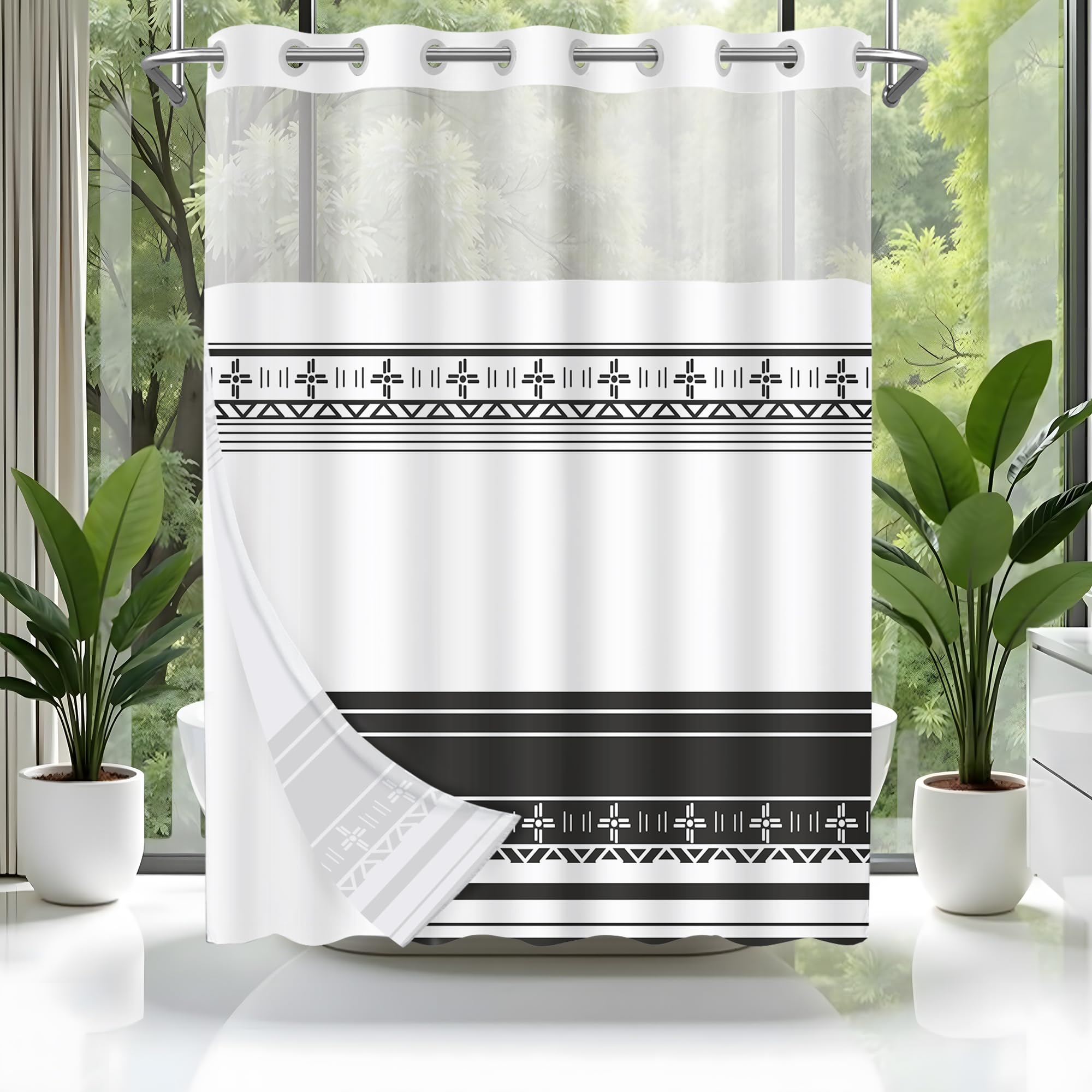 Wyljljy No Hook Shower Curtain Double Layer Set, Boho Modern Black White Striped Design for Hotel, Bathroom Curtain with Snap in Fabric Liner, 71 x 74 Inch