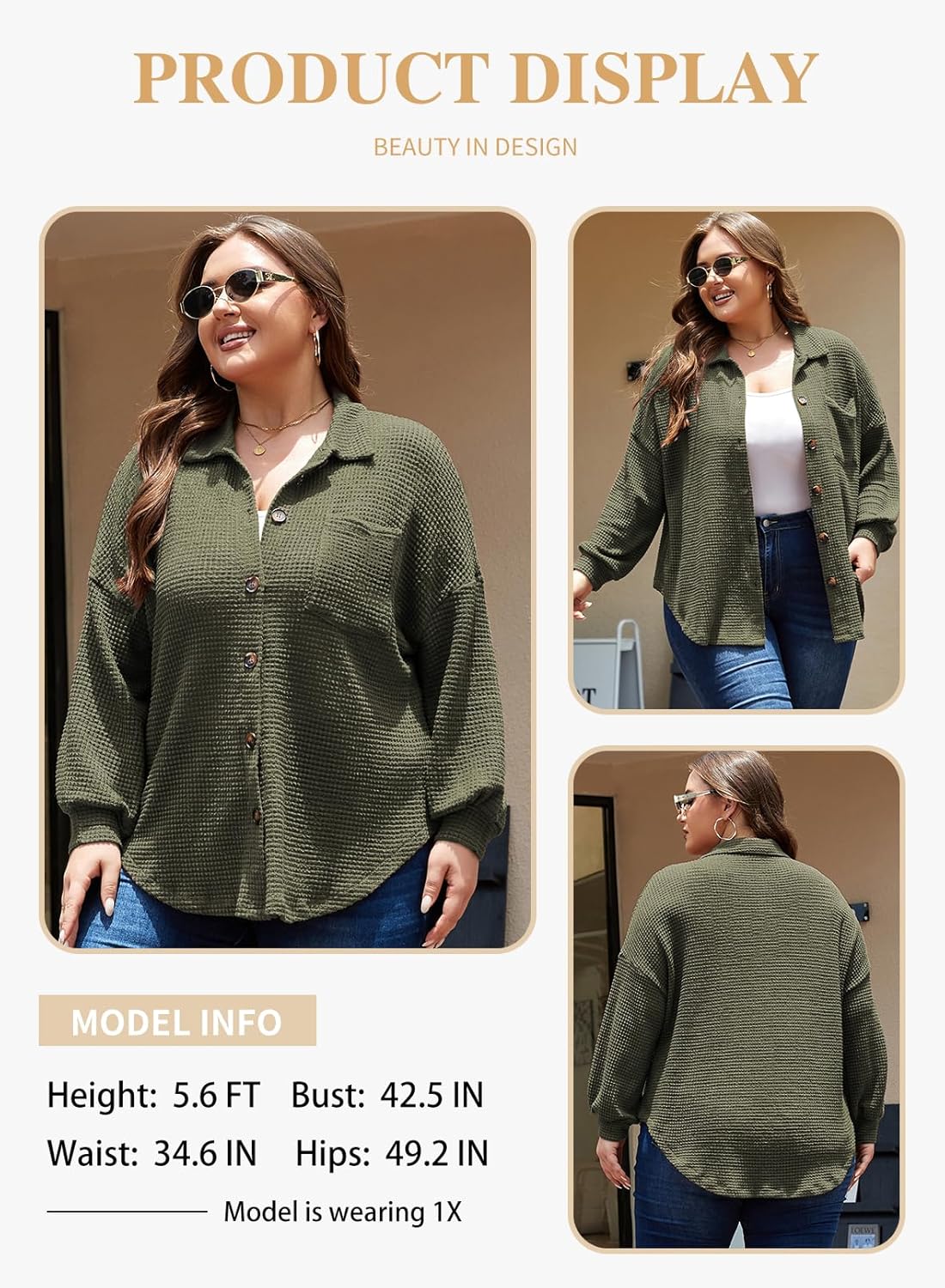 Eytino Womens Plus Size Boyfriend Shirts Casual Long Sleeve Button Down Oversized Waffle Knit Shacket Jacket(1X-5X) - Image 3