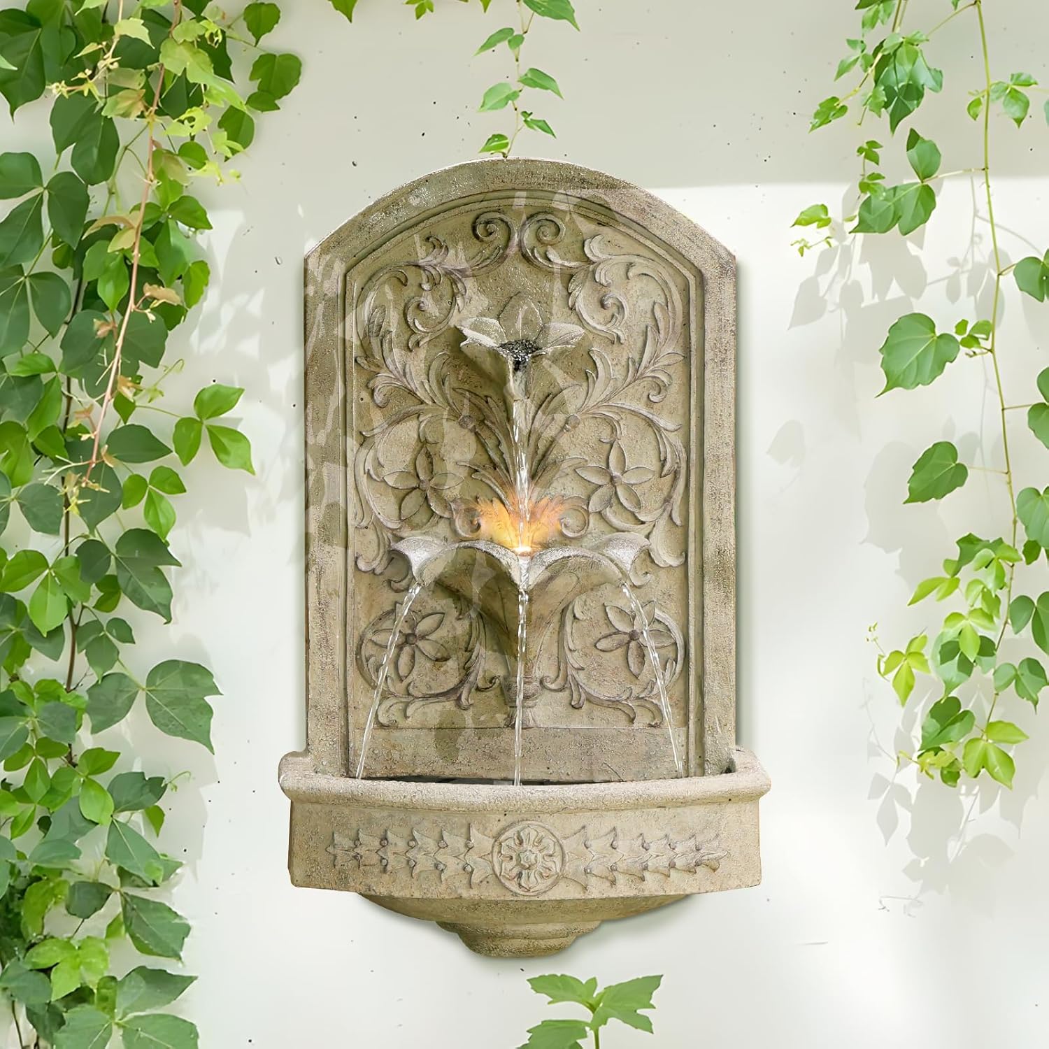 Wall Mounted Water Fountain, European-Style Rustic Wall Waterfall Fountain Outdoor with Cascading Water Flow, Hanging Garden Fountain for Outside, Home, Office, or Indoor Décor, Wall Fountains Indoor