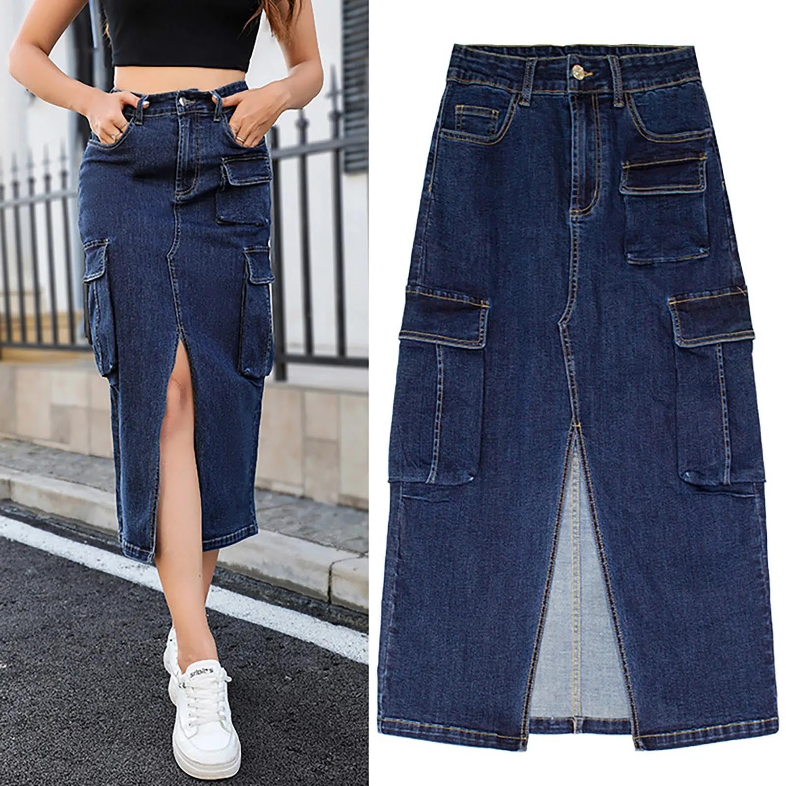 Rock Damen Langer Taille Skirt Linie Falten Damen Jeansrock Mit Gerader Taille