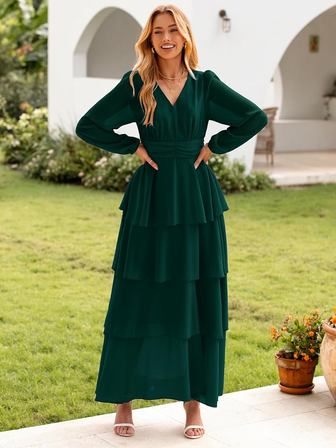 BerryGo Womens Flowy Maxi Dress Chiffon Long Sleeve Slit V Neck Casual Ruffle Tiered Boho Fall Wedding Guest Long Dress - Image 5