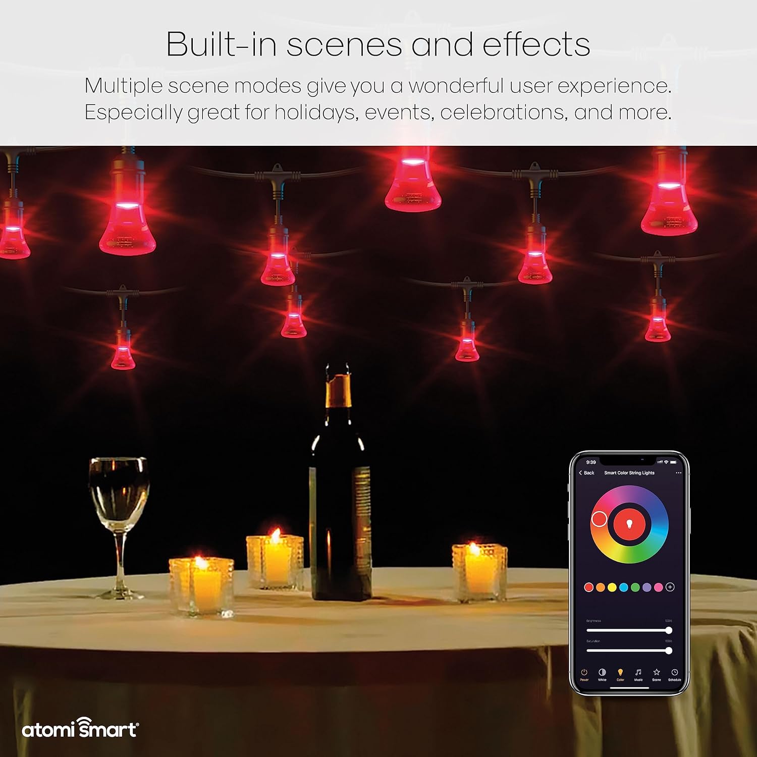 Outdoor patio with Atomi Smart string lights displaying red illumination, with a smartphone showing various scene modes in the Atomi Smart app.
