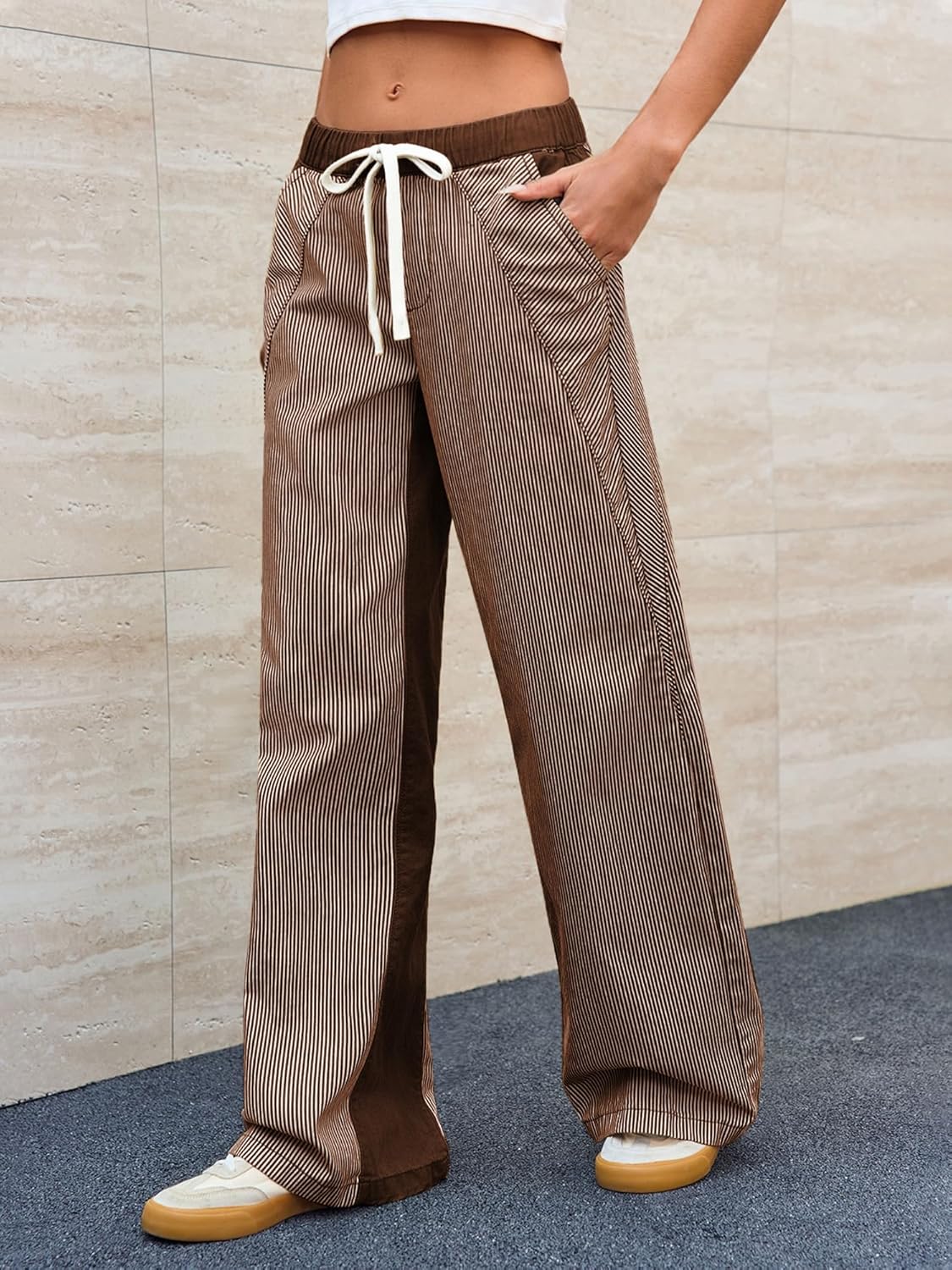 ローライズストライプパンツ 女性用 プルオン ドローストリング ボーホー ワイドレッグ ジーンズ トレンディ2025
